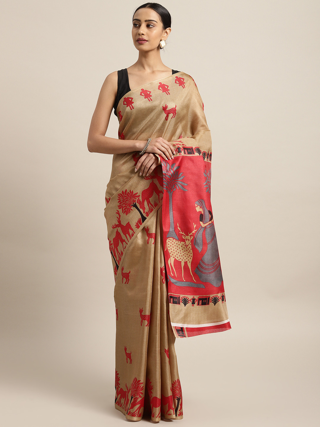 

Satrani Women Beige & Red Printed Silk Saree