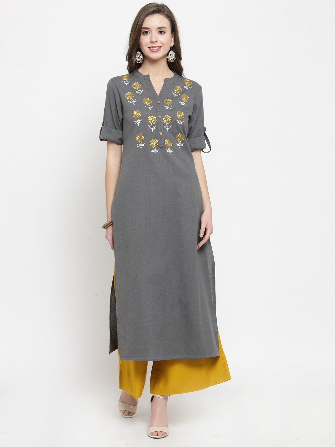 

Varanga Women Grey & Yellow Embroidered Kurta with Palazzos