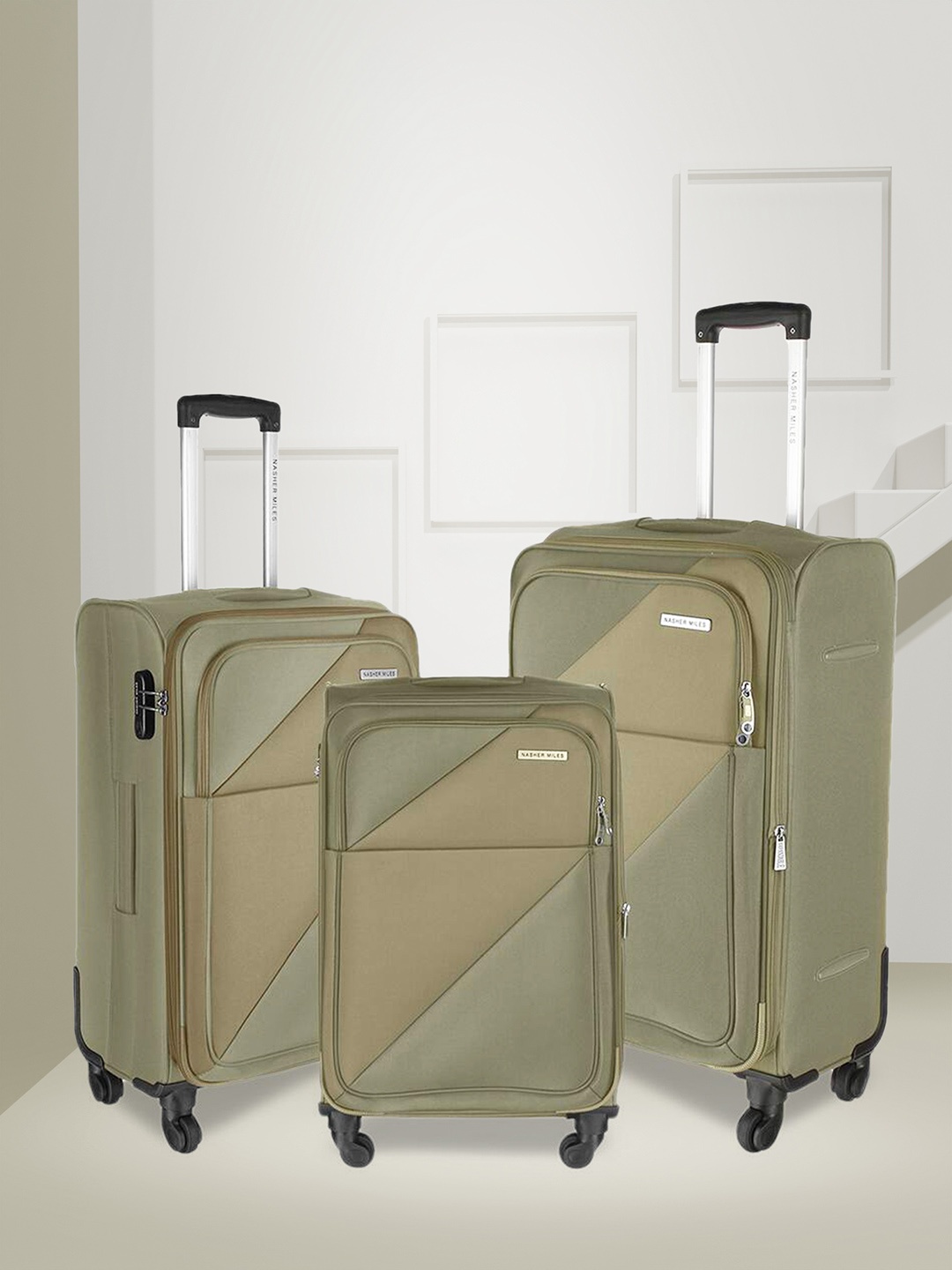 

Nasher Miles Set of 3 Khaki Solid Soft Sided Trolley Bags