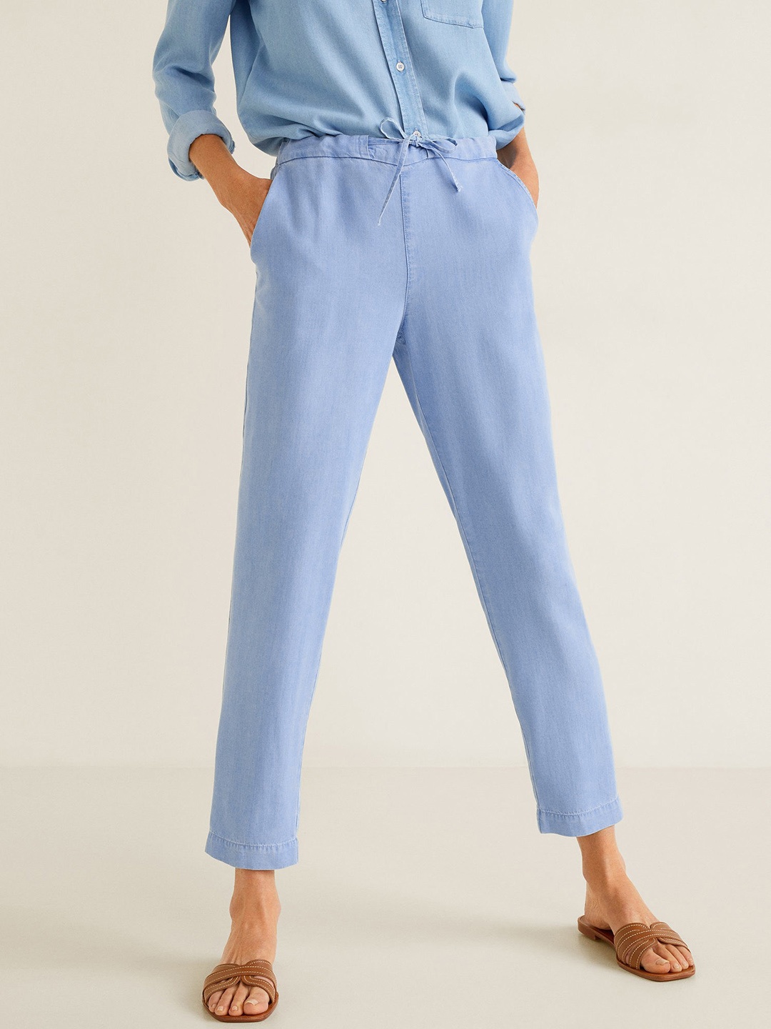 

MANGO Women Blue Regular Fit Faded Chambray Regular Trousers