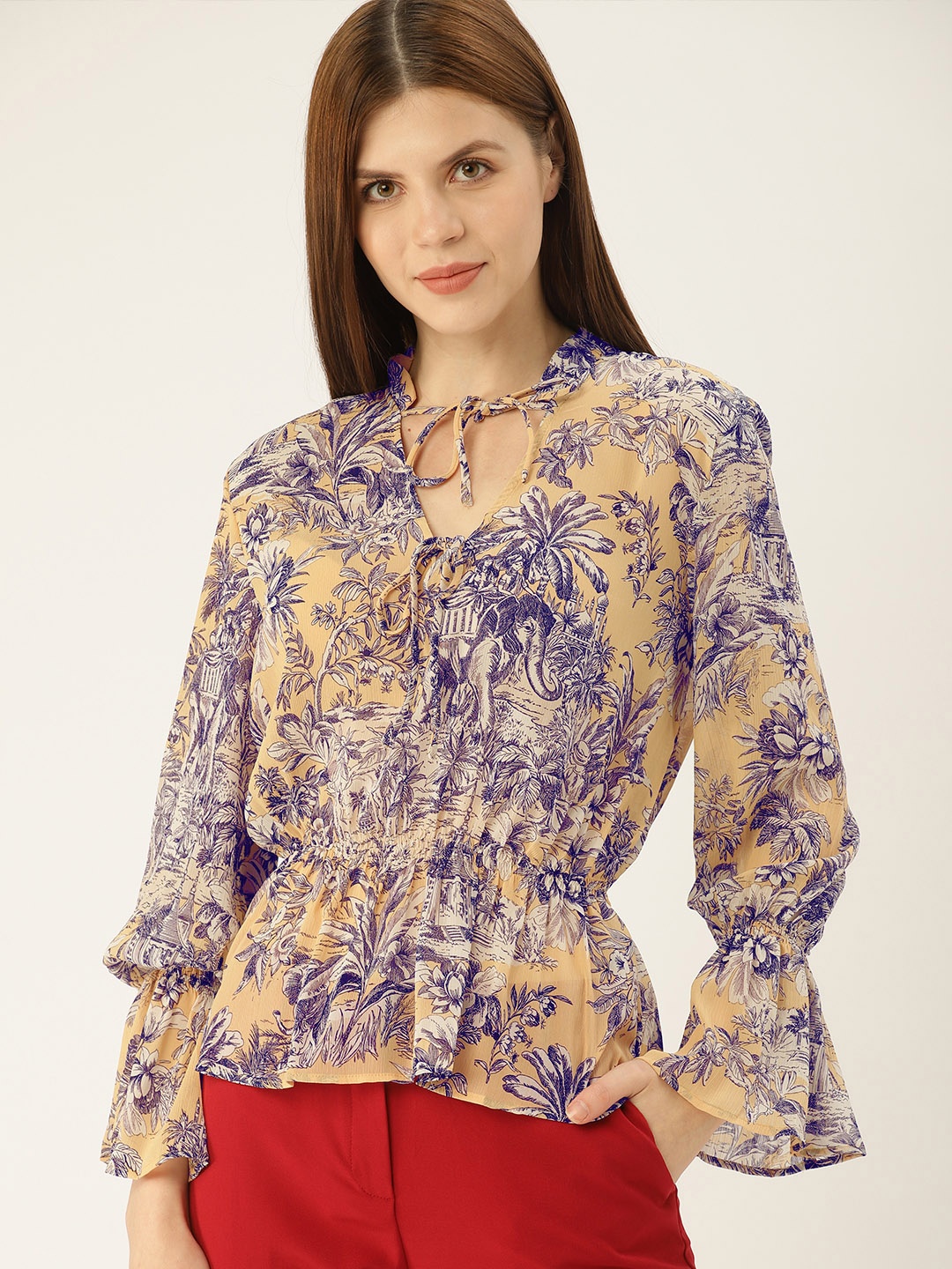 

MANGO Women Beige & Purple Printed Cinched Waist Top