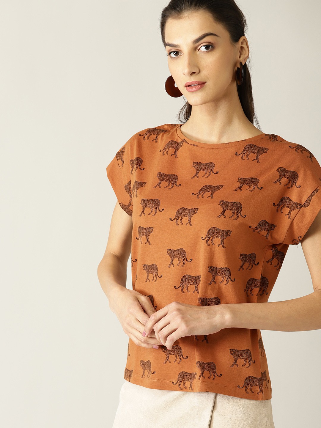 

MANGO Women Brown & Black Printed Round Neck T-shirt