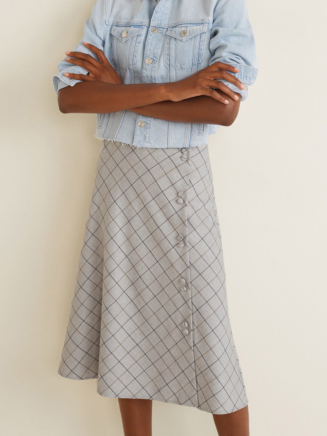 

MANGO Women Grey Checked A-Line Skirt