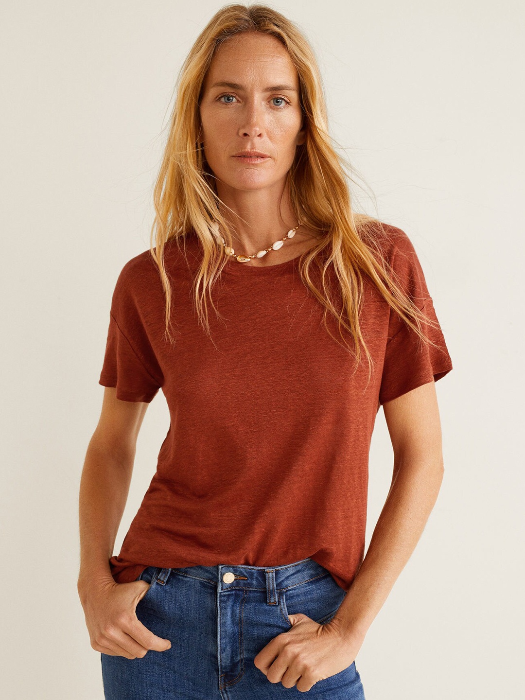

MANGO Women Rust Brown Linen Solid Round Neck T-shirt