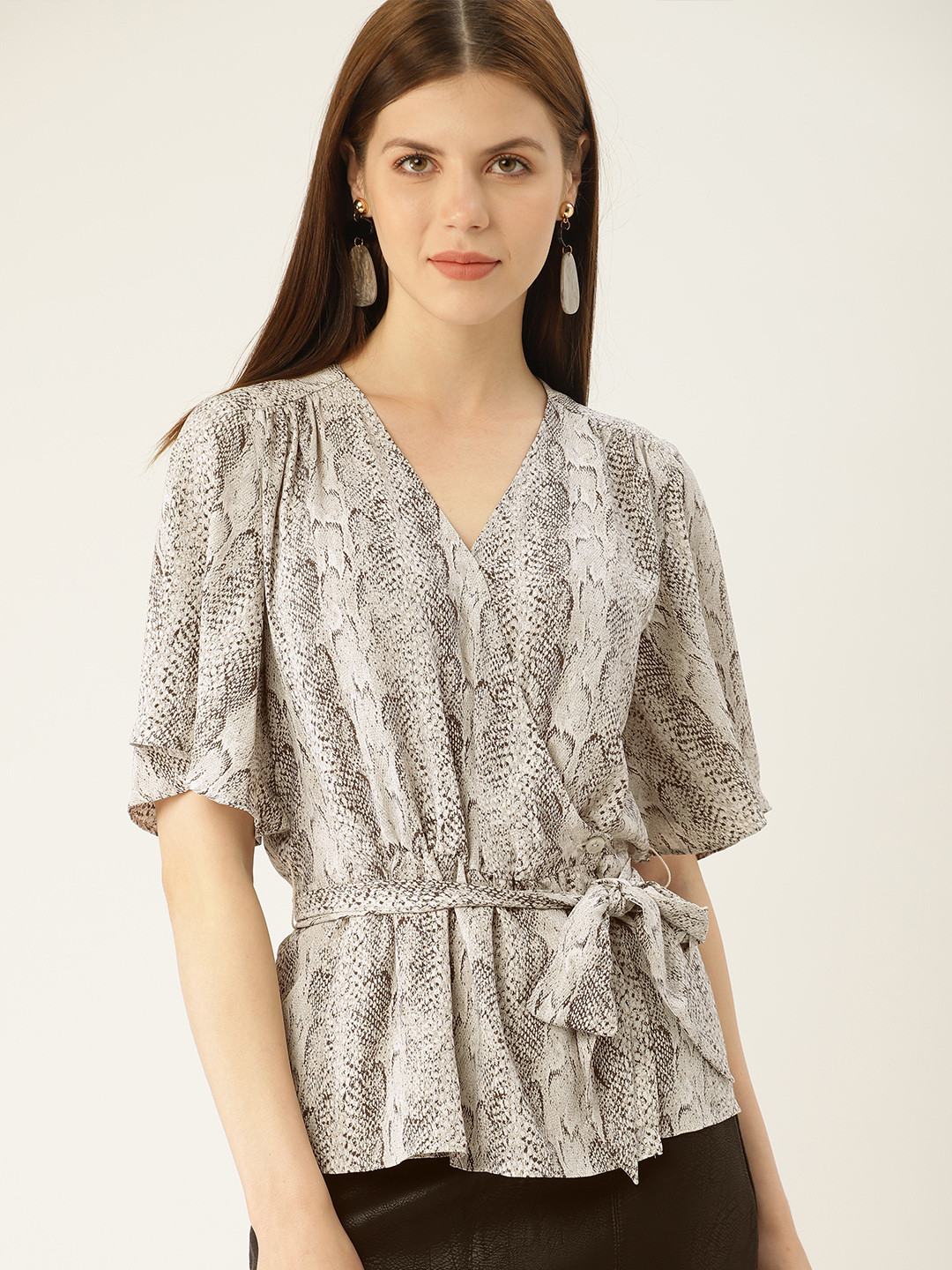 

MANGO Women Grey Printed Wrap Top