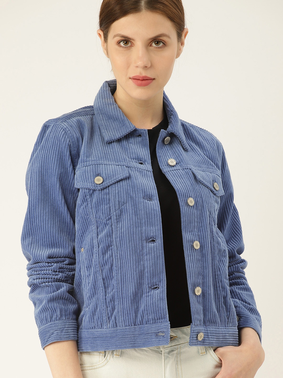 

MANGO Women Blue Solid Corduroy Tailored Jacket