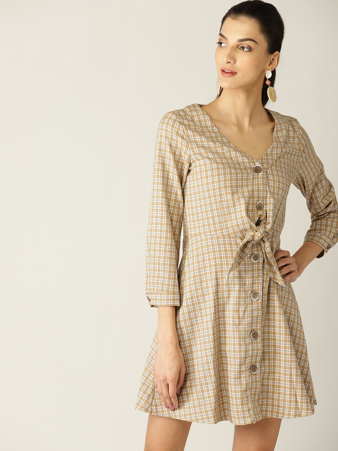

MANGO Women Beige & Black Checked A-Line Dress