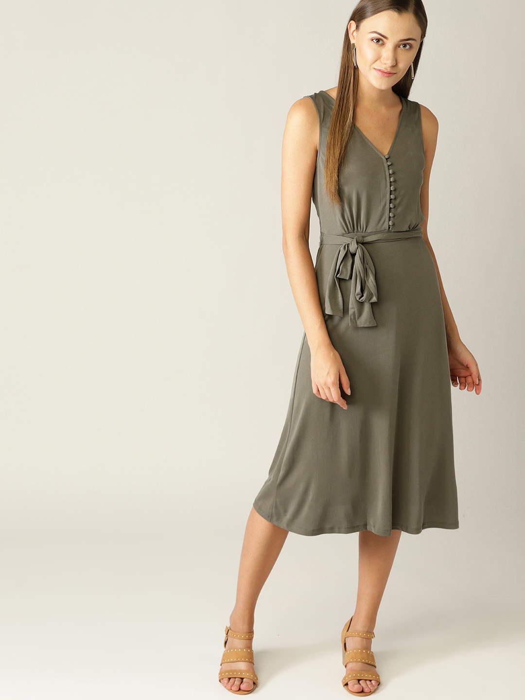 

MANGO Women Olive Green Solid A-Line Dress
