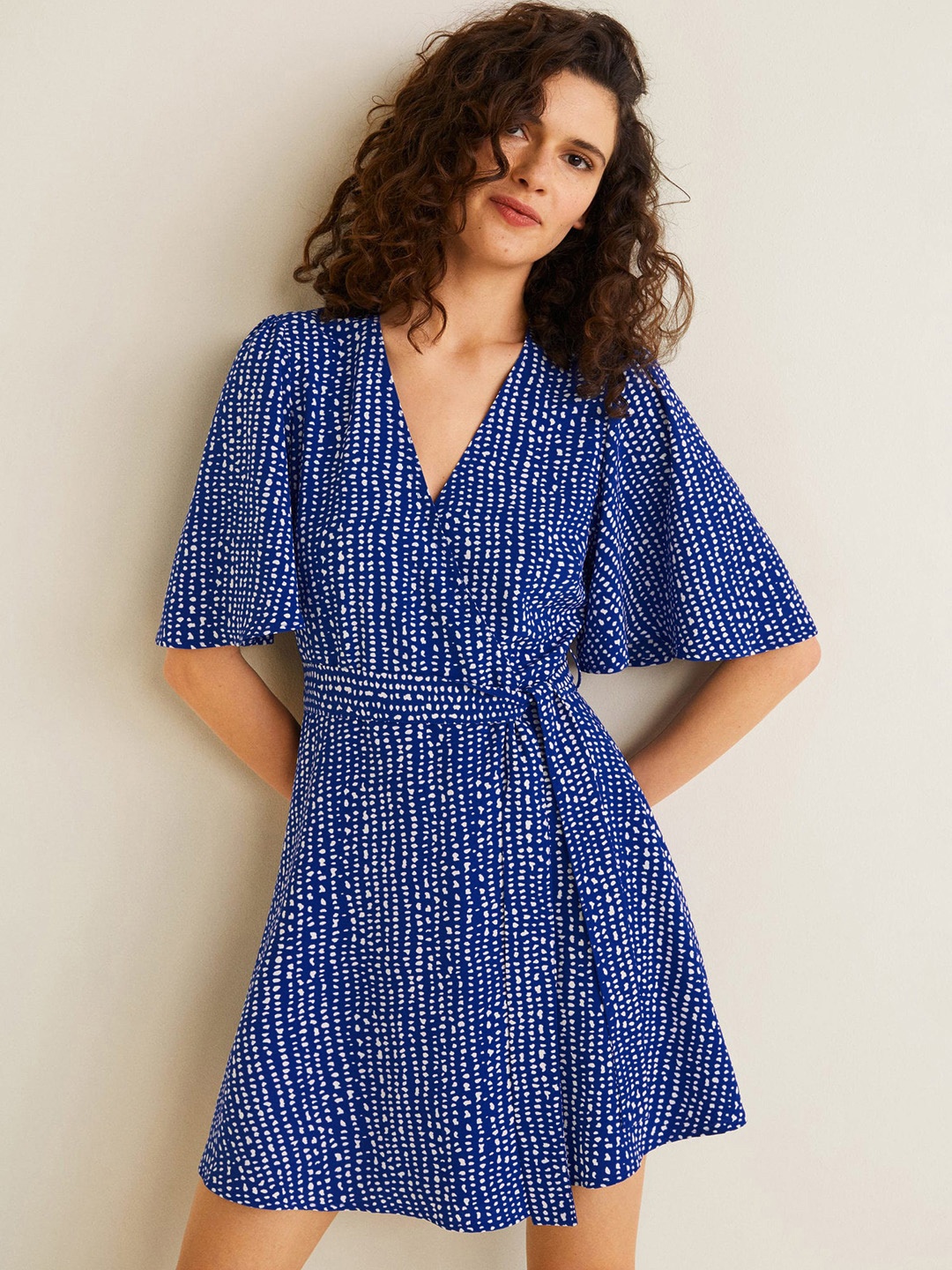 

MANGO Women Blue Printed Fit and Flare Dress