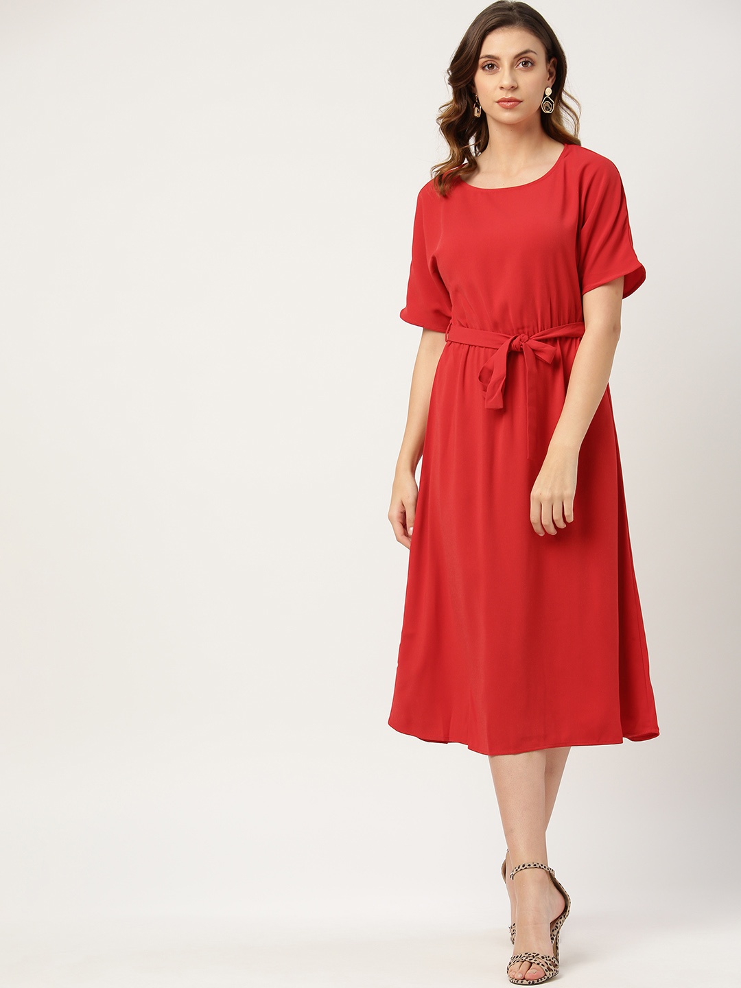 

MANGO Women Red Solid A-Line Dress With Belt