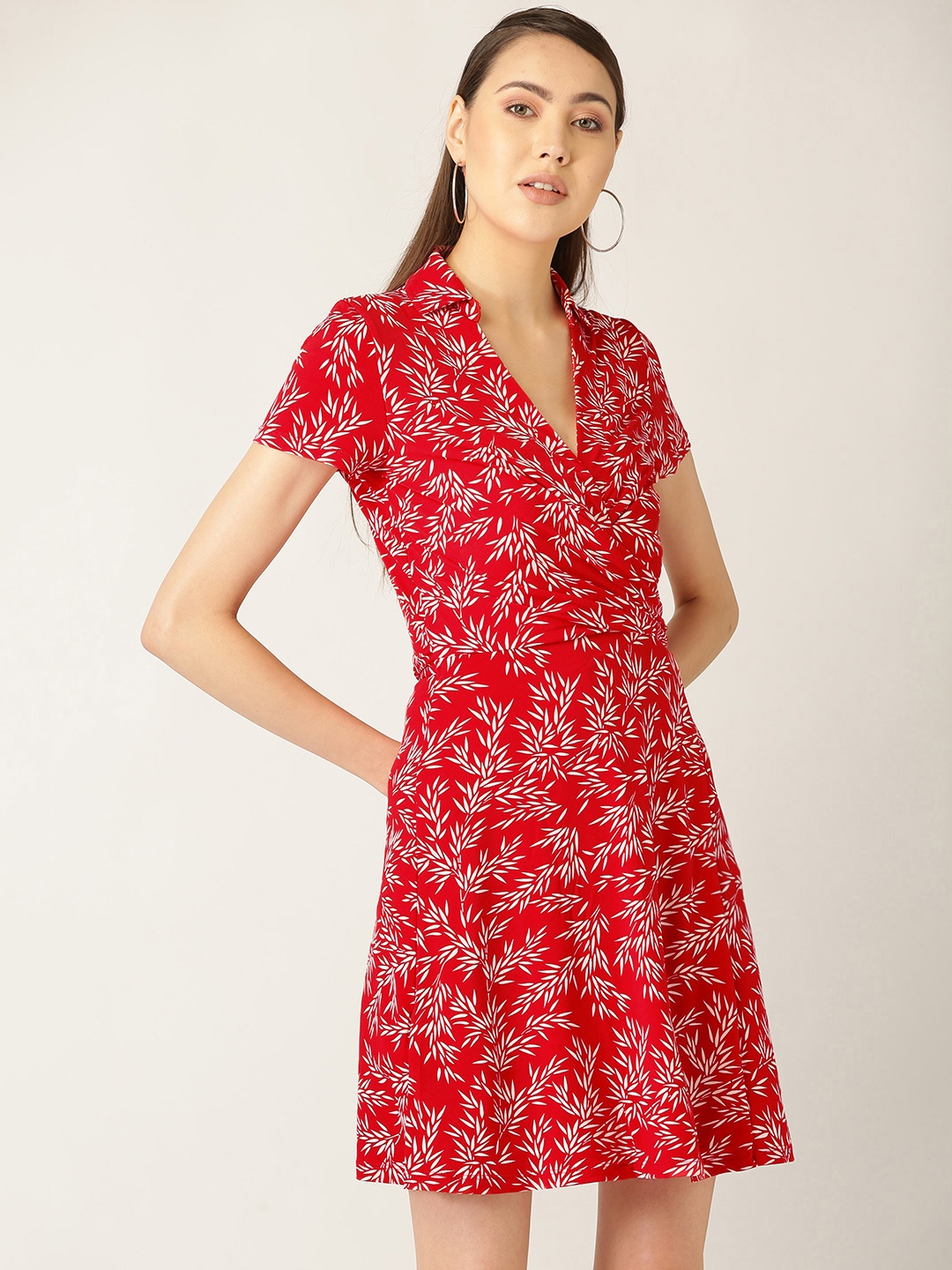 

MANGO Women Red & White Printed Wrap Dress