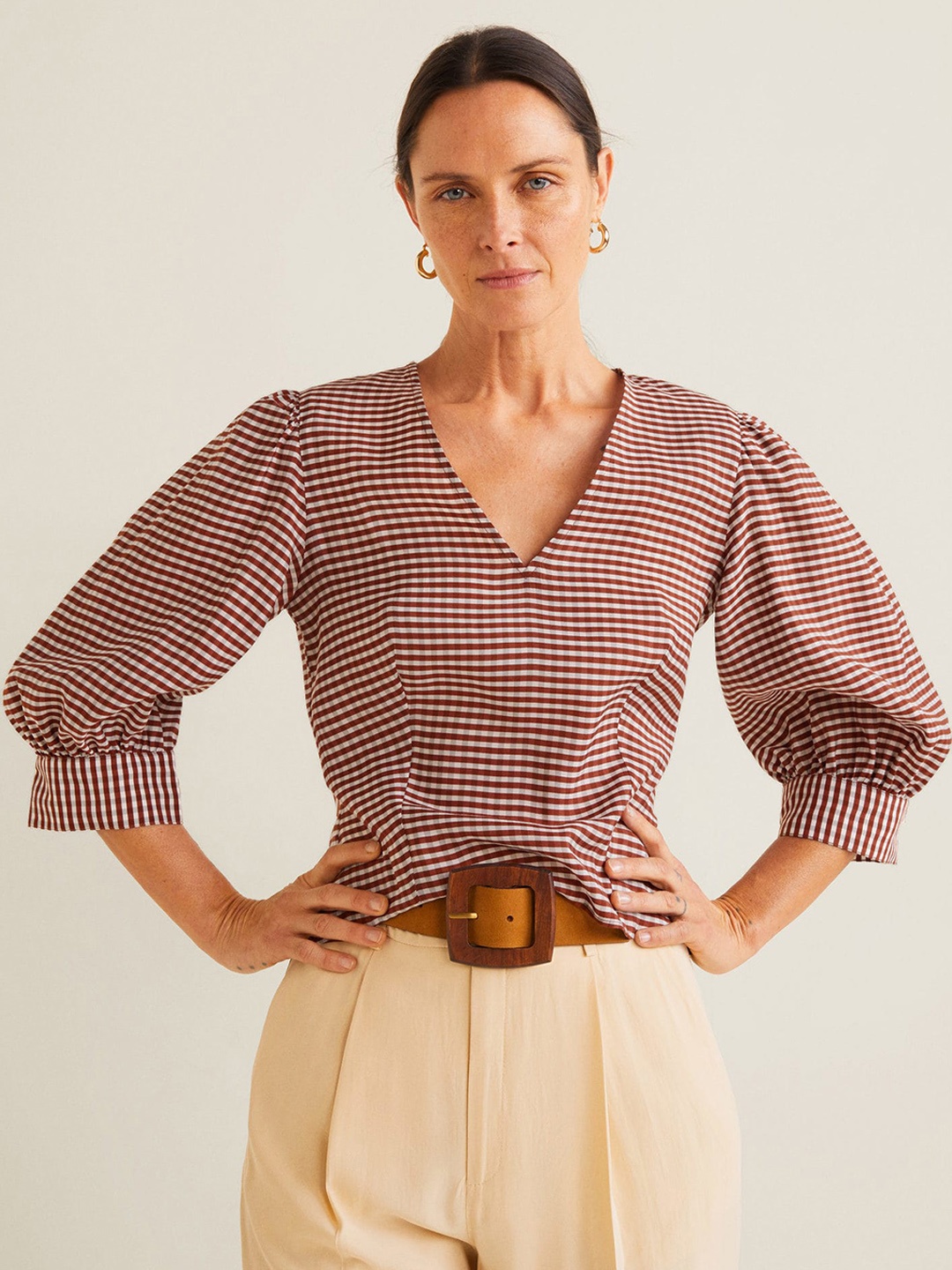 

MANGO Women Brown Checked Top