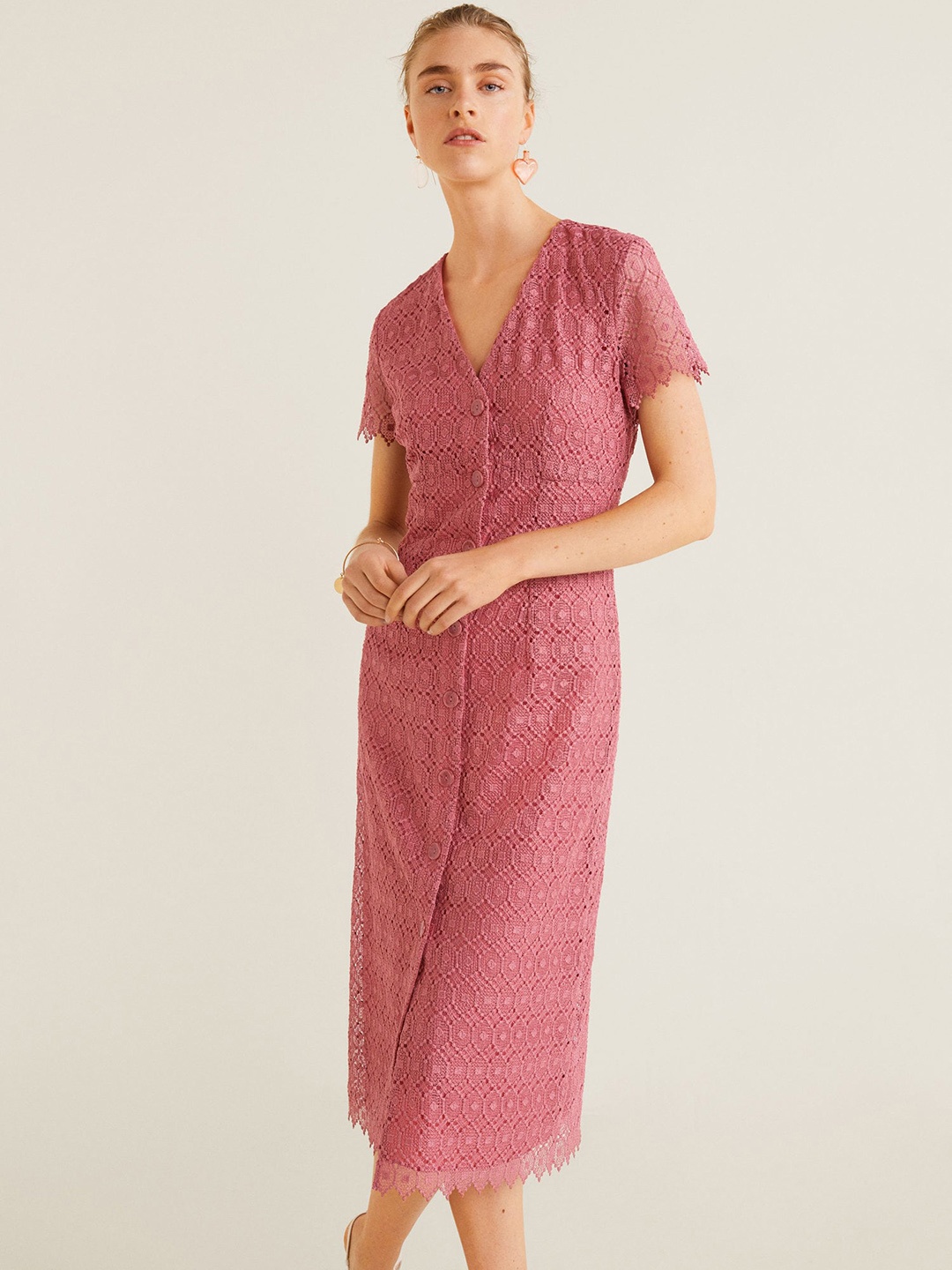 

MANGO Women Pink Self Design A-Line Dress