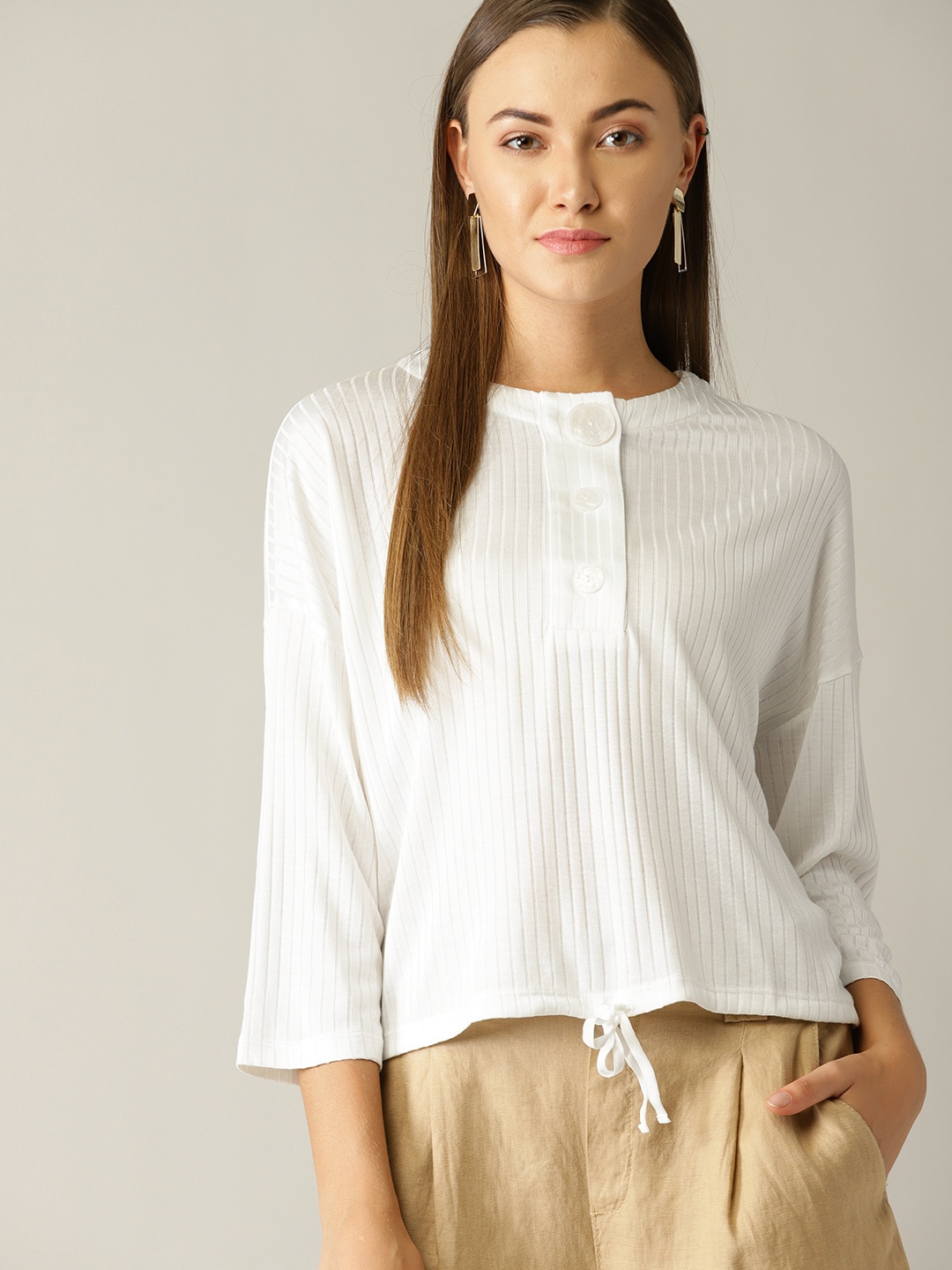 

MANGO Women White Self-Striped Boxy Top