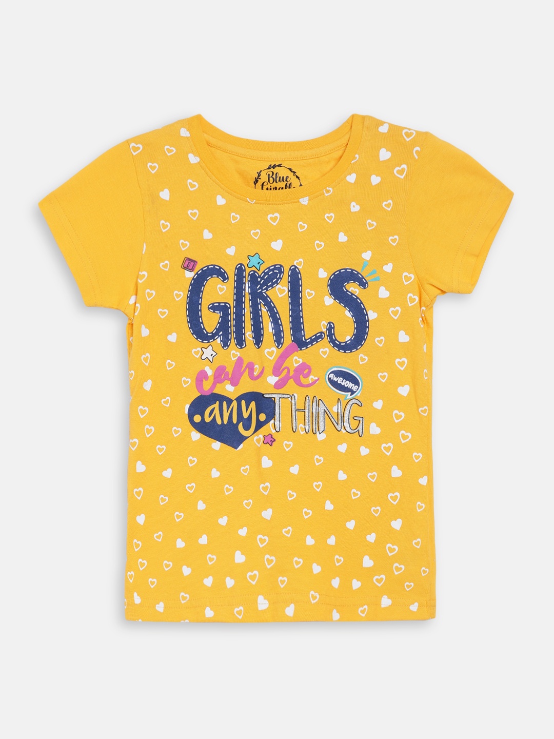 

Blue Giraffe Girls Yellow Printed Round Neck T-shirt