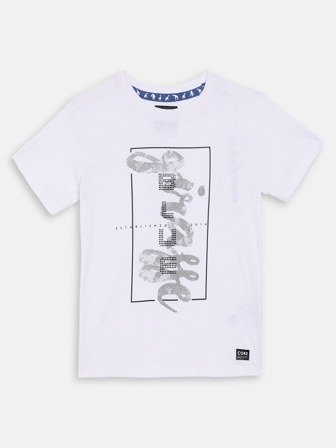 

Blue Giraffe Boys White Printed Round Neck T-shirt