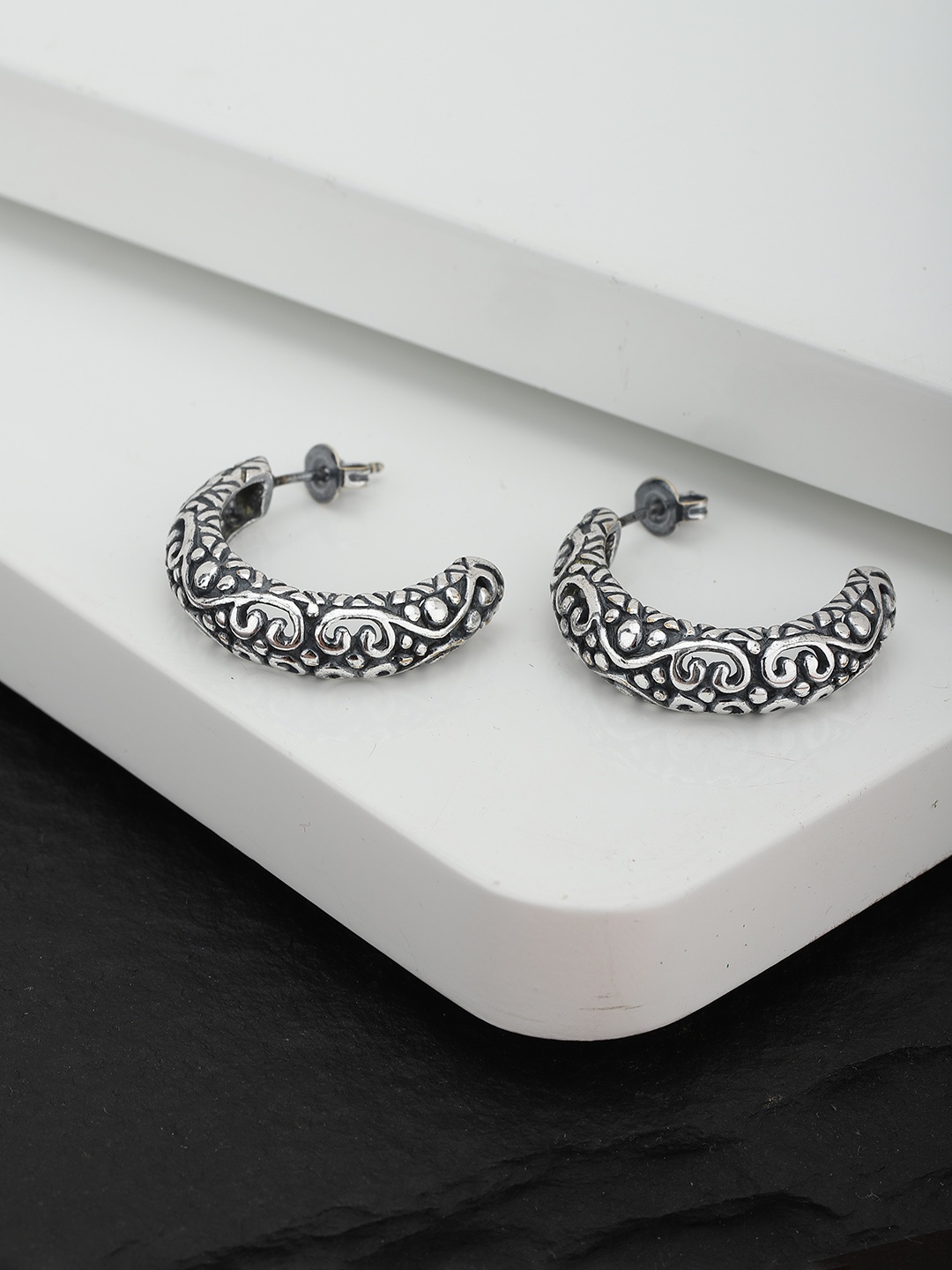 

Carlton London Oxidised Silver-Plated Crescent Shaped Half Hoop Earrings