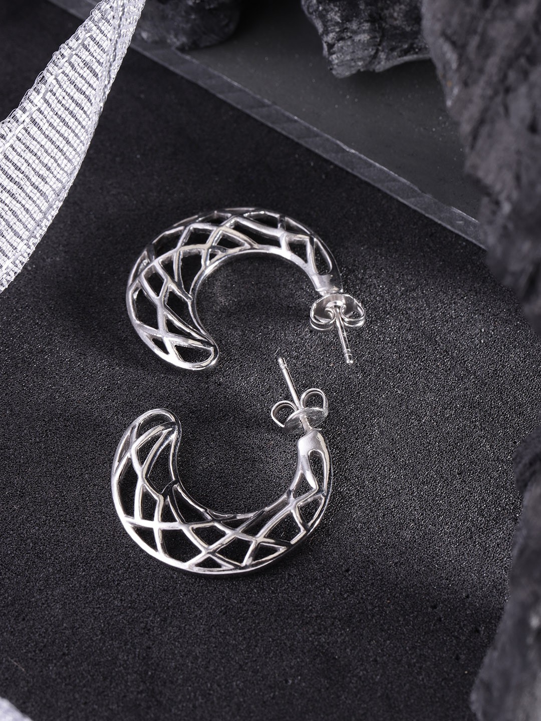 

Carlton London Silver-Toned Rhodium-Plated Crescent Shaped Half Hoop Earrings