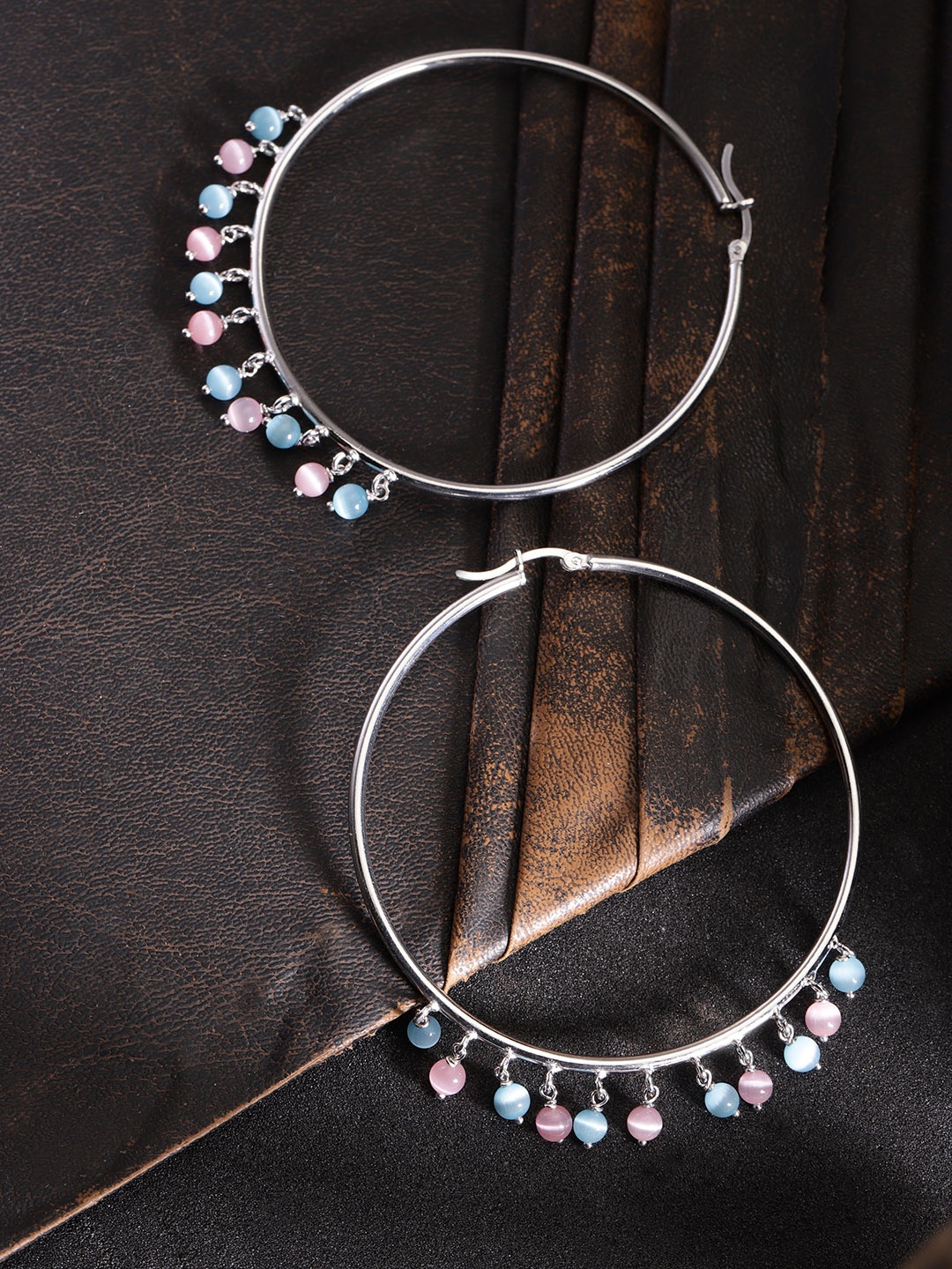 

Carlton London Silver-Toned & Pink Rhodium-Plated Beaded Circular Hoop Earrings