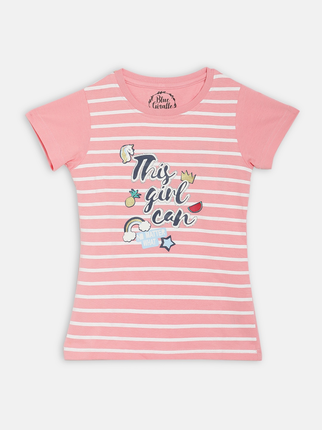

Blue Giraffe Girls Pink Striped Round Neck T-shirt