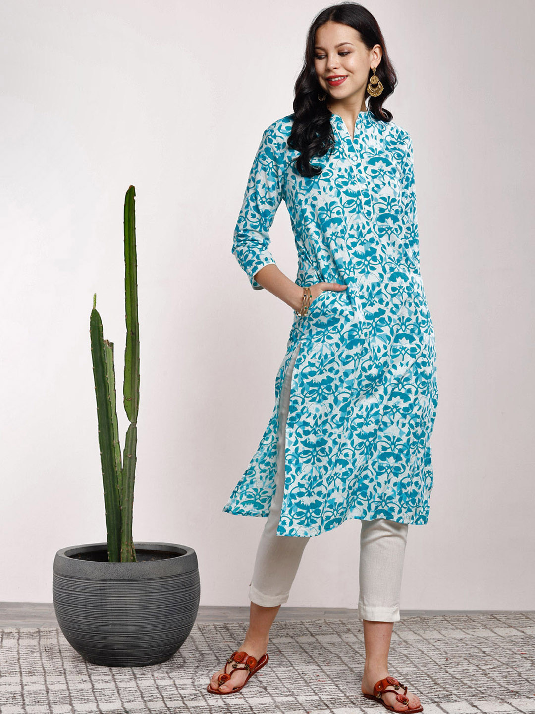 

Sangria Women Blue Printed A-Line Kurta