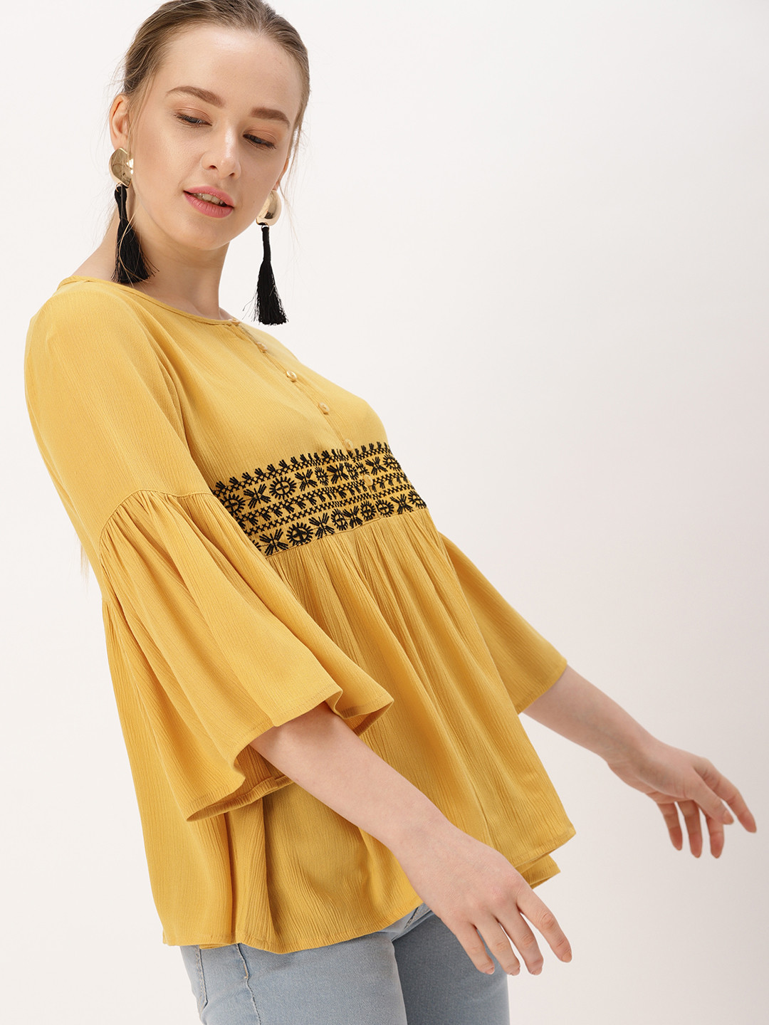 

DressBerry Women Mustard Yellow Embroidered Top