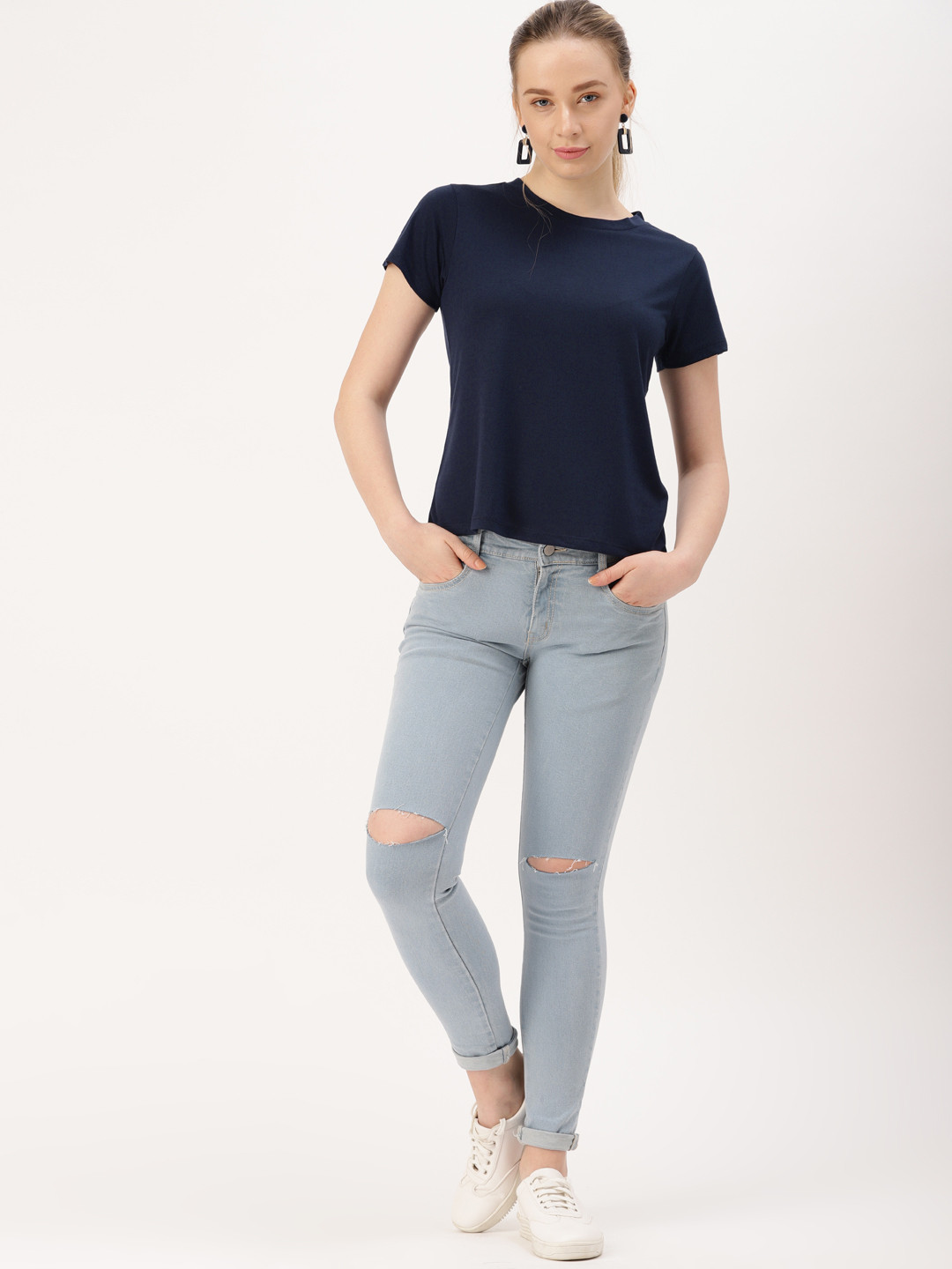

DressBerry Women Navy Blue Solid Round Neck T-shirt