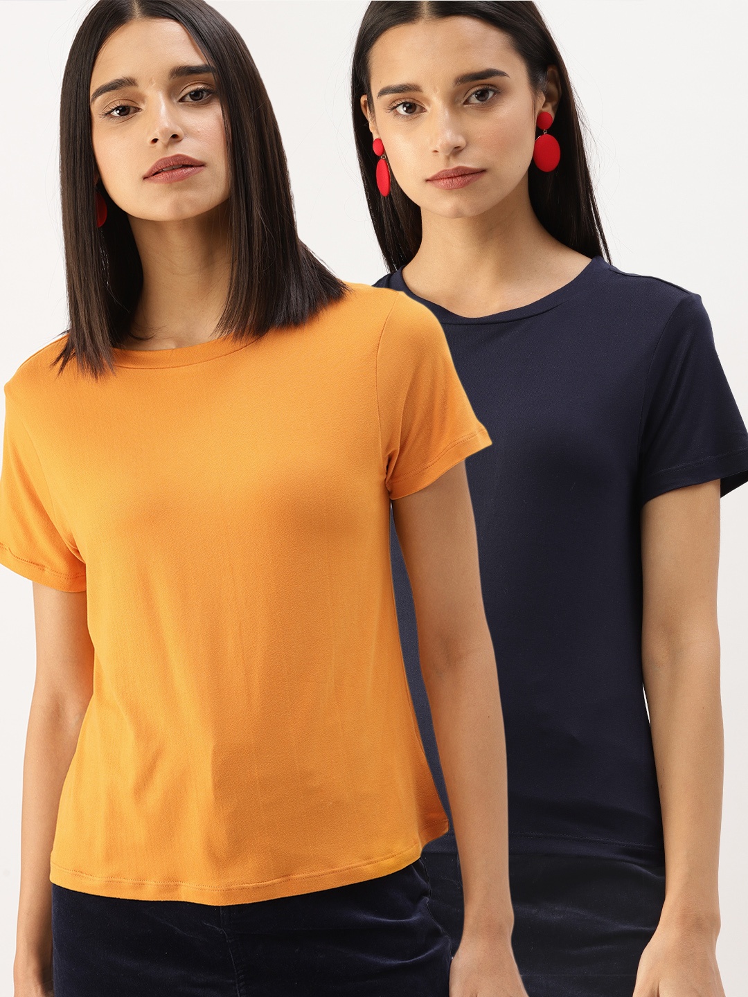 

DressBerry Women Mustard Yellow & Navy Blue Solid Set Of 2 Round Neck T-shirts