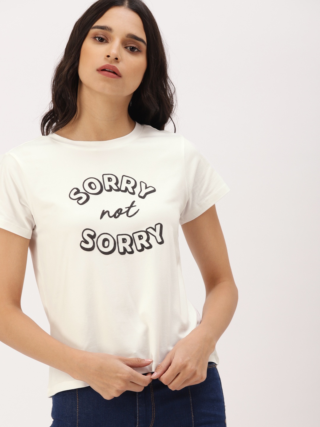 

DressBerry Women White Black Printed Pure Cotton T-shirt