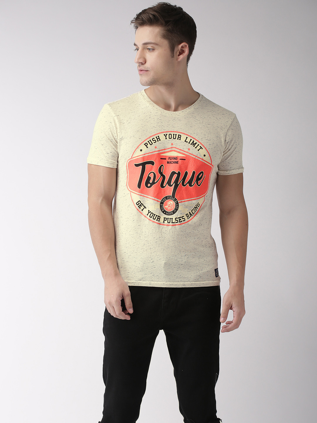 

Flying Machine Men Off- White Printed Round Neck T-shirt