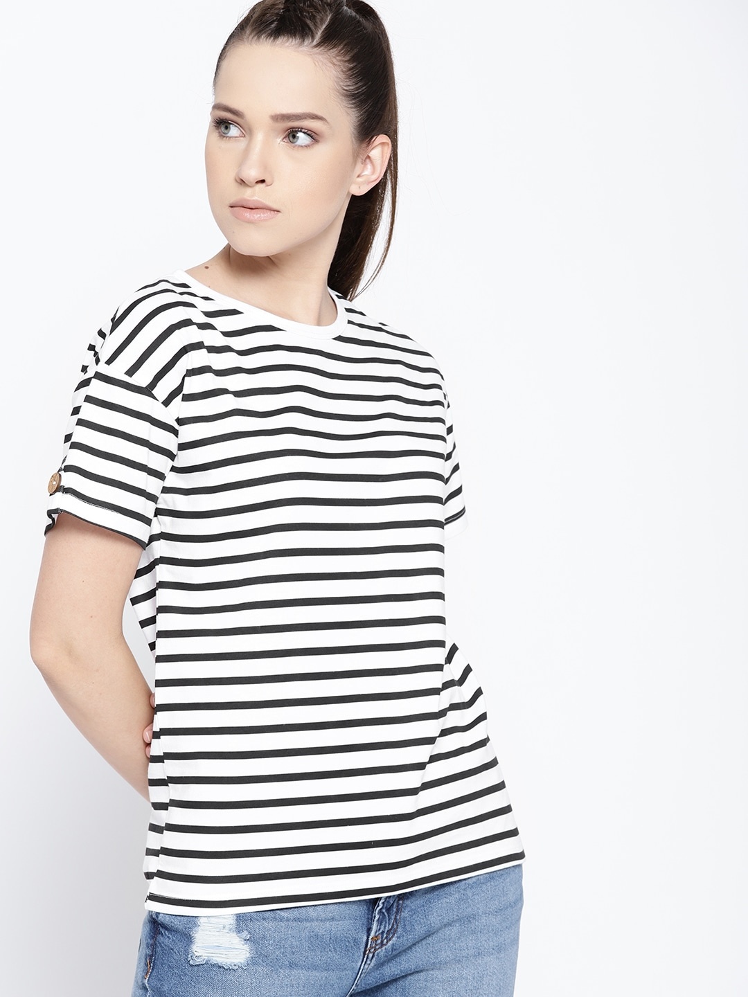 

Harvard Women White & Black Striped Round Neck T-shirt