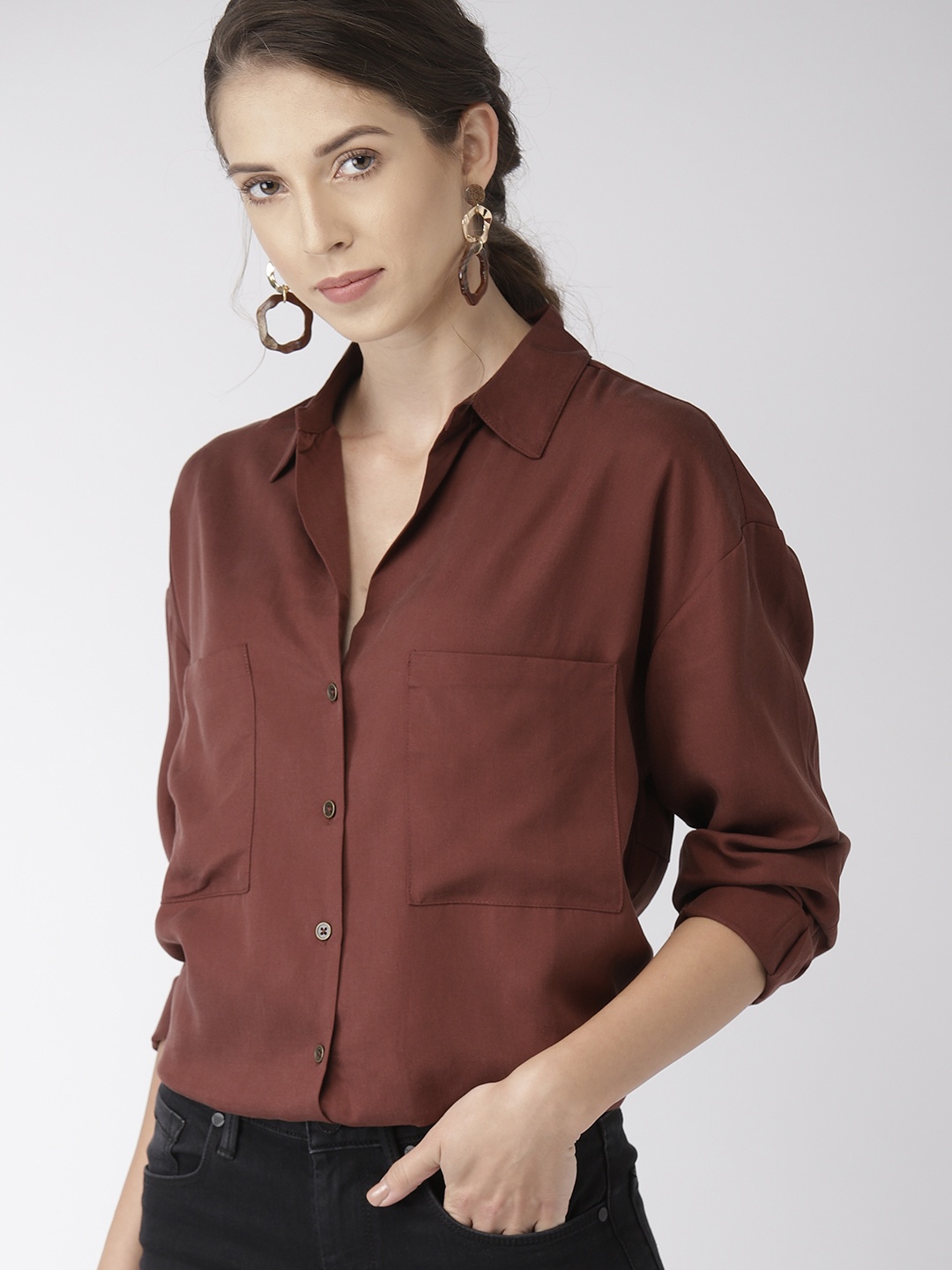 

FOREVER 21 Women Brown Regular Fit Solid Longline Casual Shirt