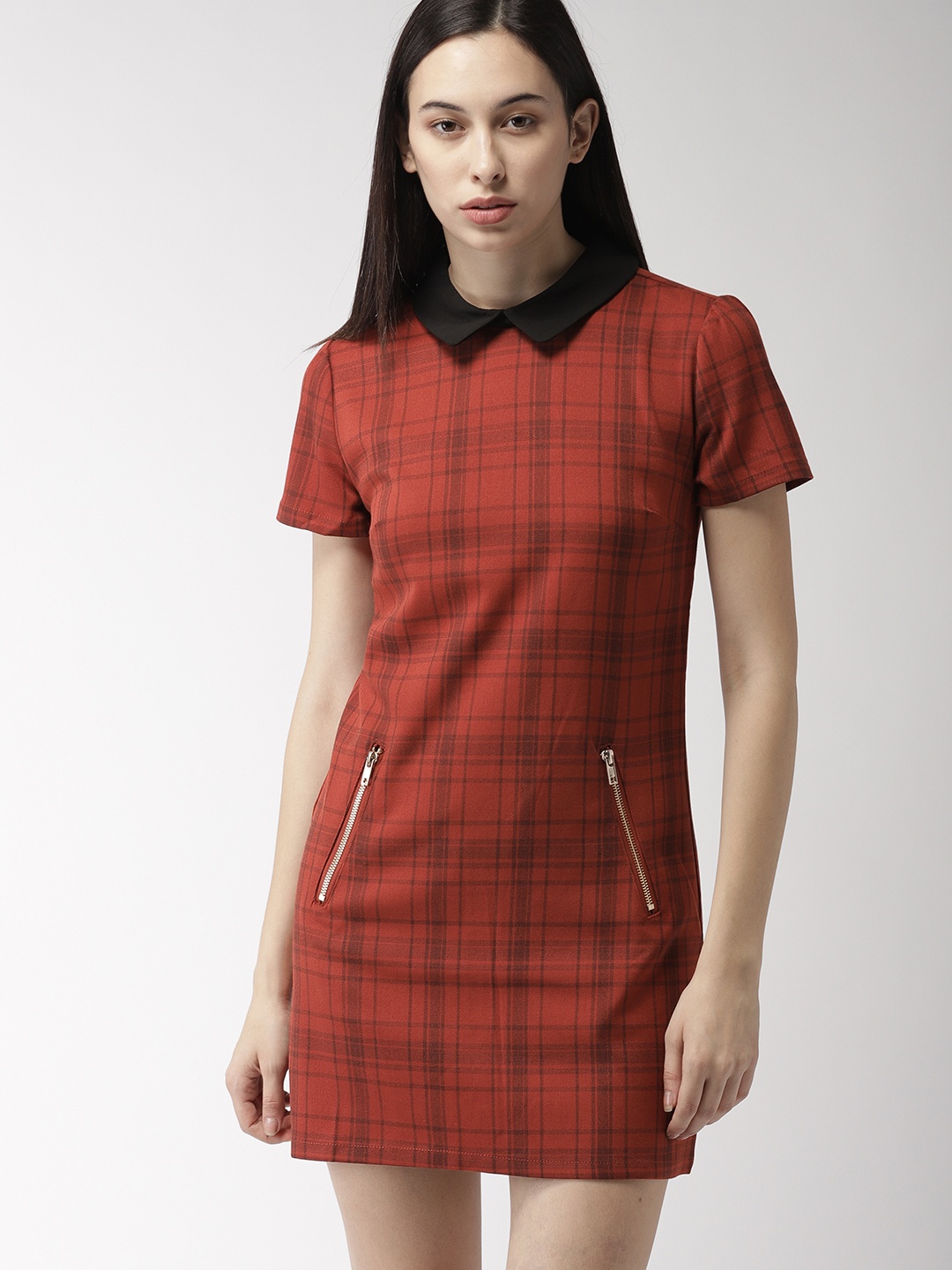 

FOREVER 21 Women Rust Checked A-Line Dress
