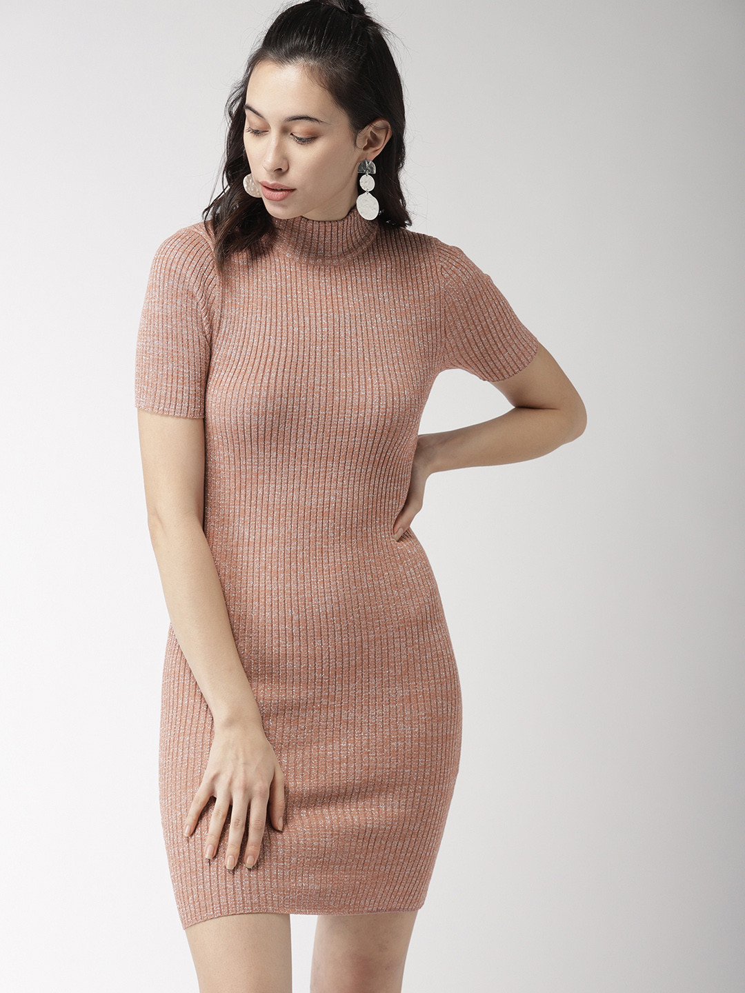 

FOREVER 21 Women Mauve Brown Self-Striped Bodycon Dress