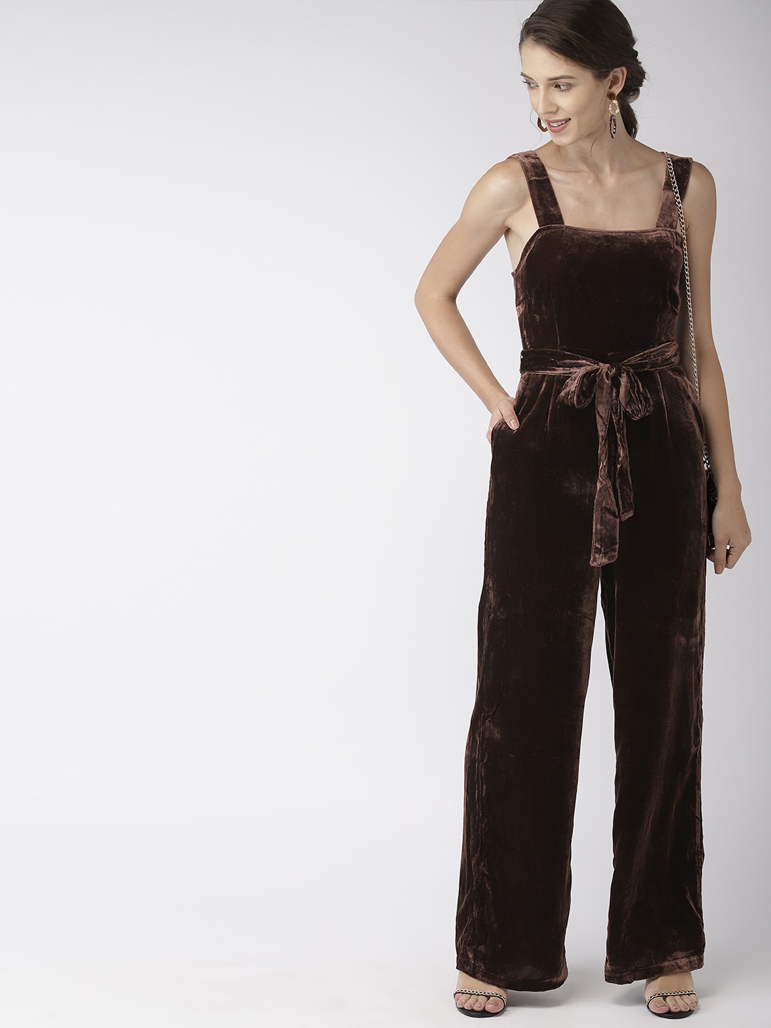 

FOREVER 21 Brown Solid Basic Velvet Jumpsuit