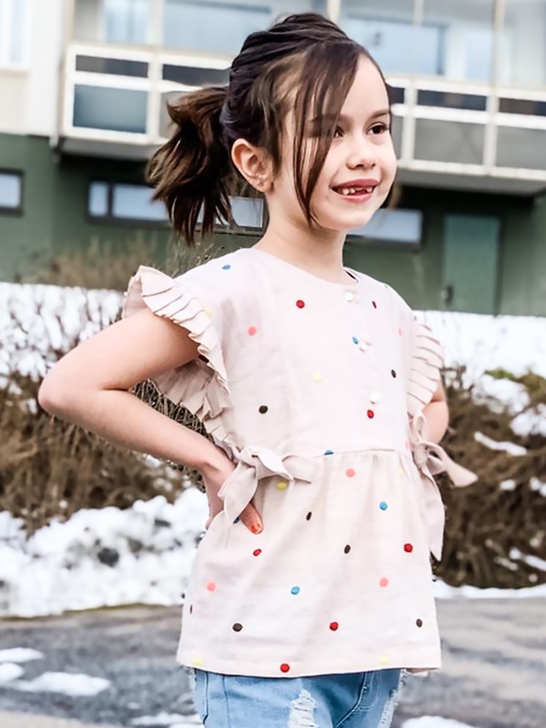 

Cherry Crumble Girls Beige Embroidered Cinched Waist Pure Cotton Top