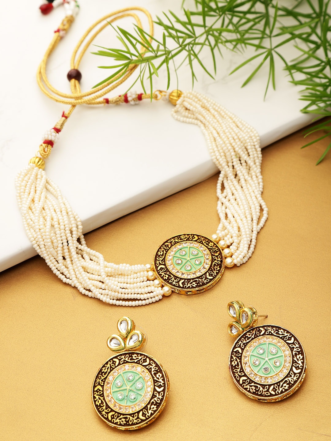 

YouBella Green & Brown Gold-Plated Beaded Enamelled Handcrafted Jewellery Set