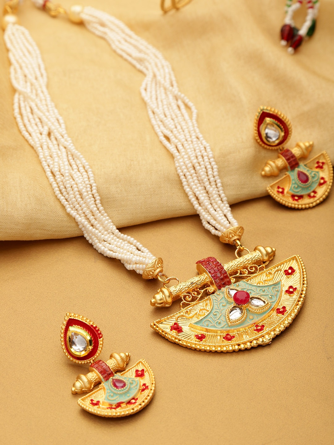 

YouBella Blue & Red Gold-Plated Beaded Enamelled Handcrafted Jewellery Set