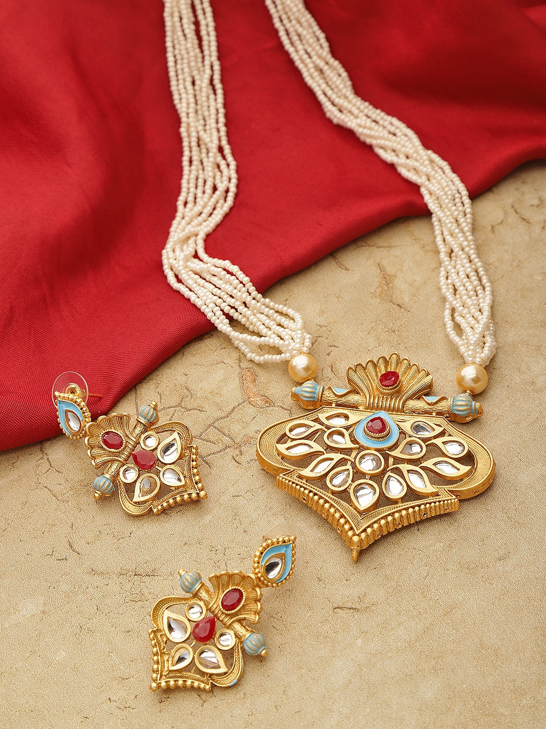 

YouBella Blue & Red Gold-Plated Stone-Studded Enamelled Handcrafted Jewellery Set