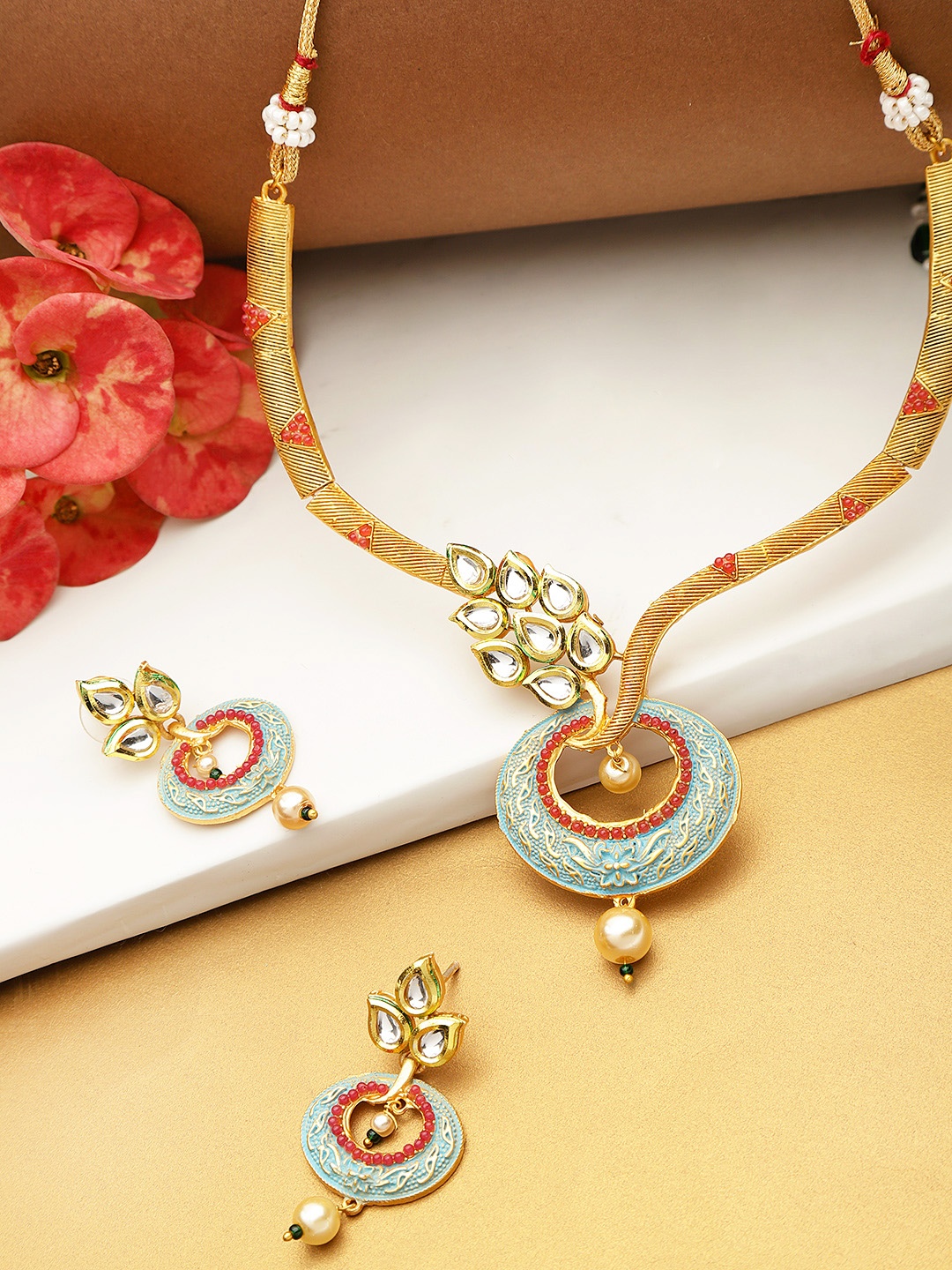 

YouBella Blue & Pink Gold-Plated Stone-Studded Enamelled Handcrafted Jewellery Set