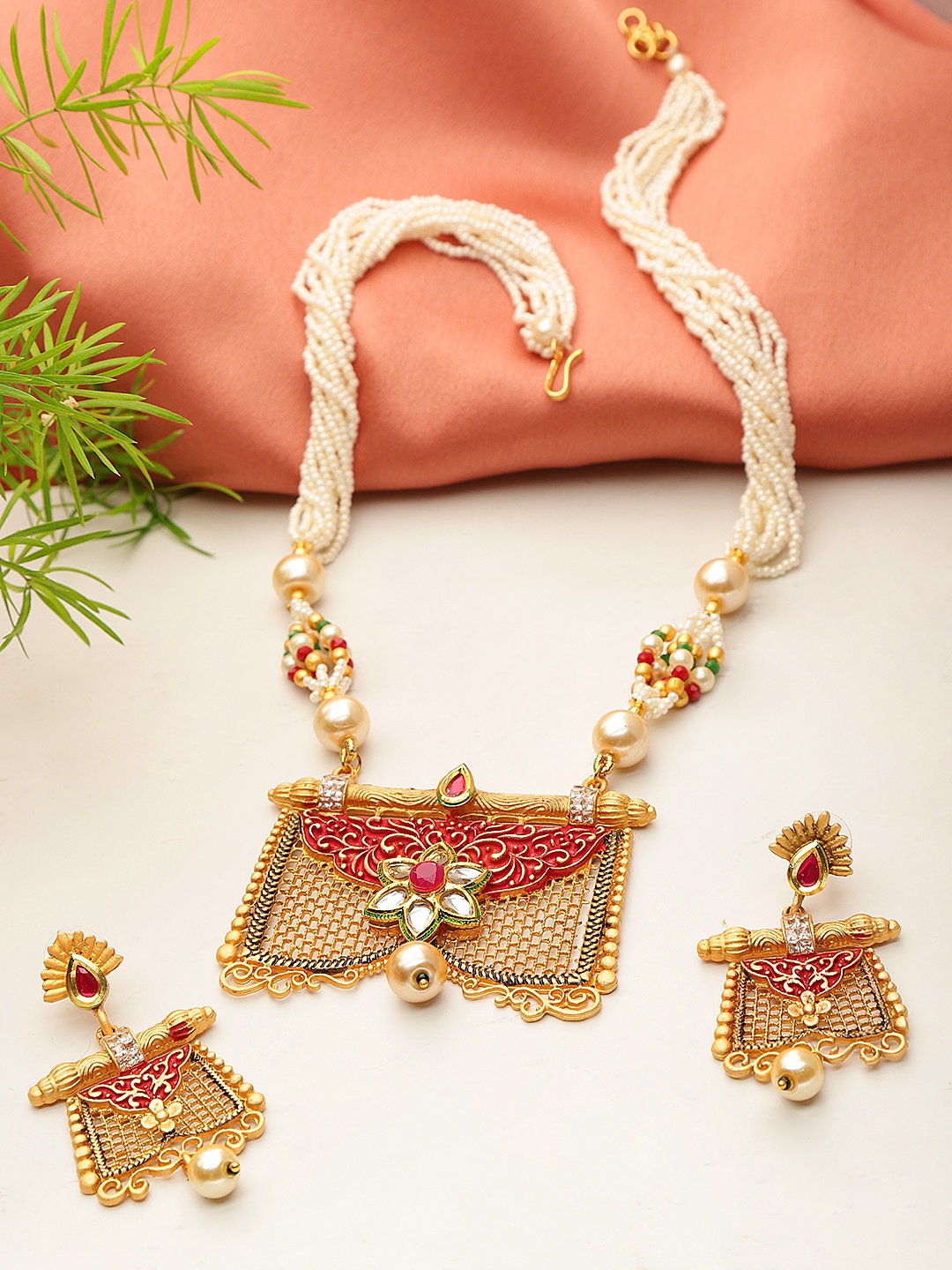 

YouBella Off-White & Red Gold-Plated Beaded Enamelled Handcrafted Jewellery Set