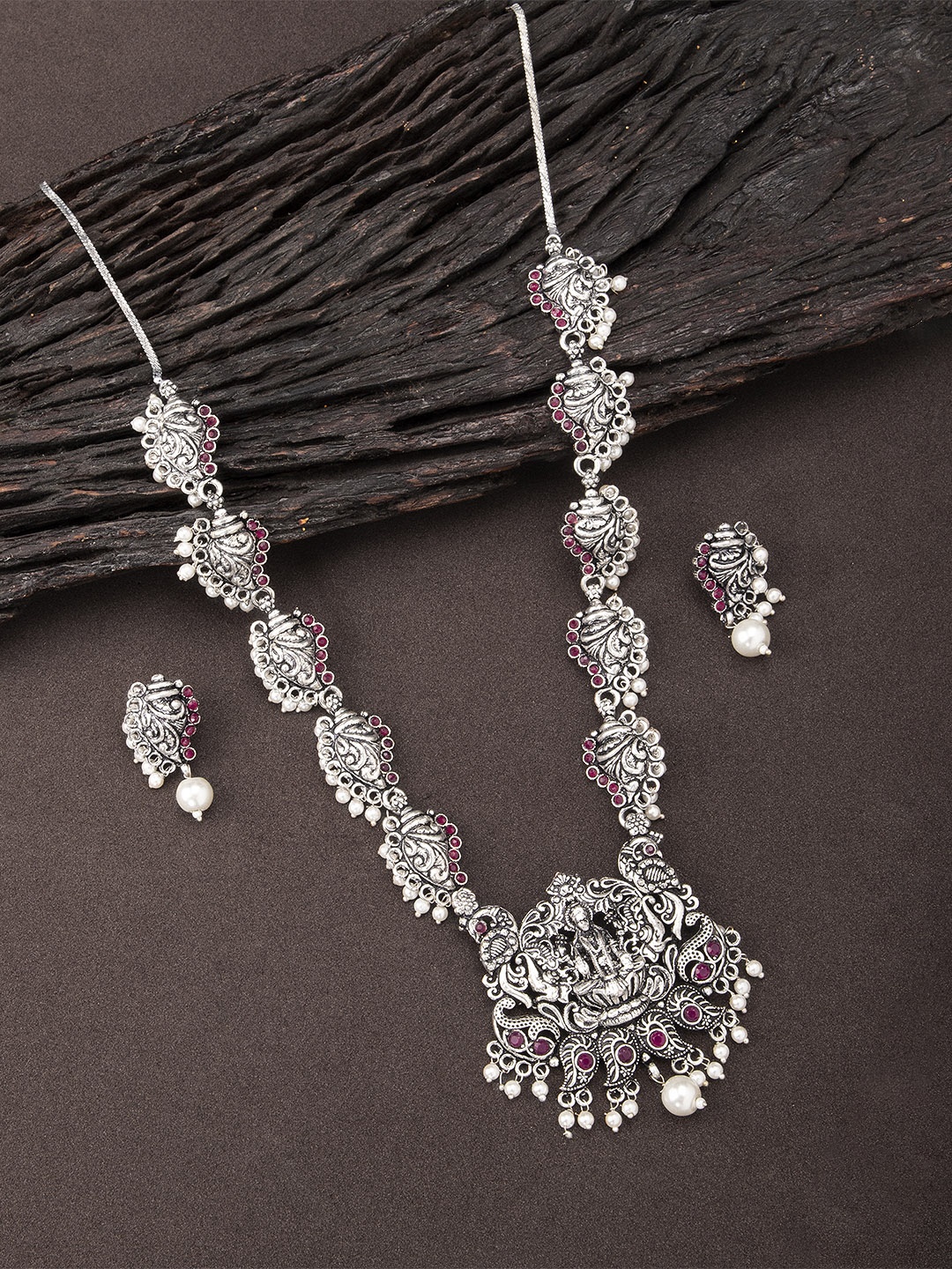 

Rubans Oxidised Silver-Plated Faux Ruby Studded Traditional Temple Jewellery Set