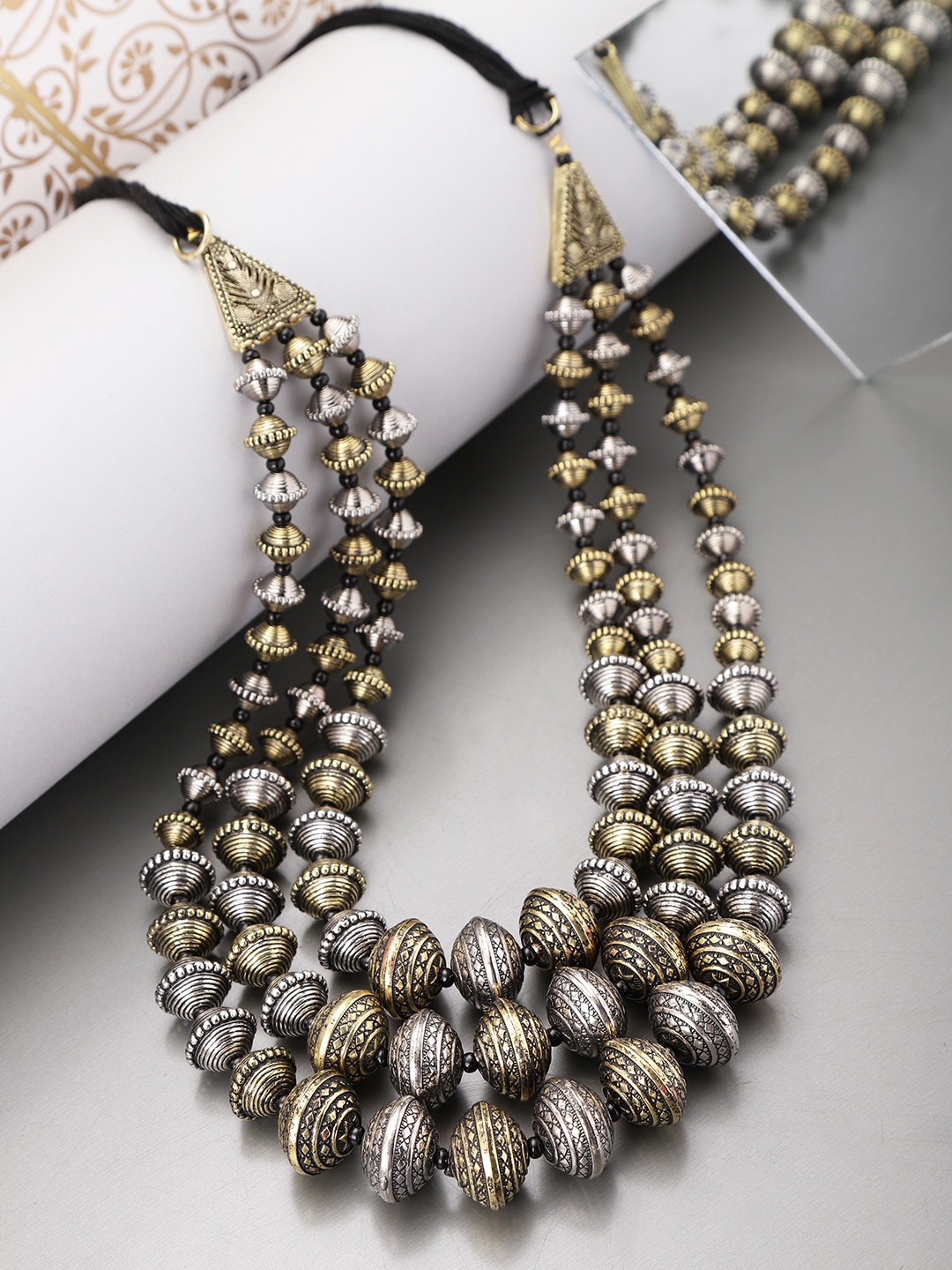 

Infuzze Oxidised Silver-Toned & Antique Gold-Toned Brass-Plated Beaded Layered Necklace