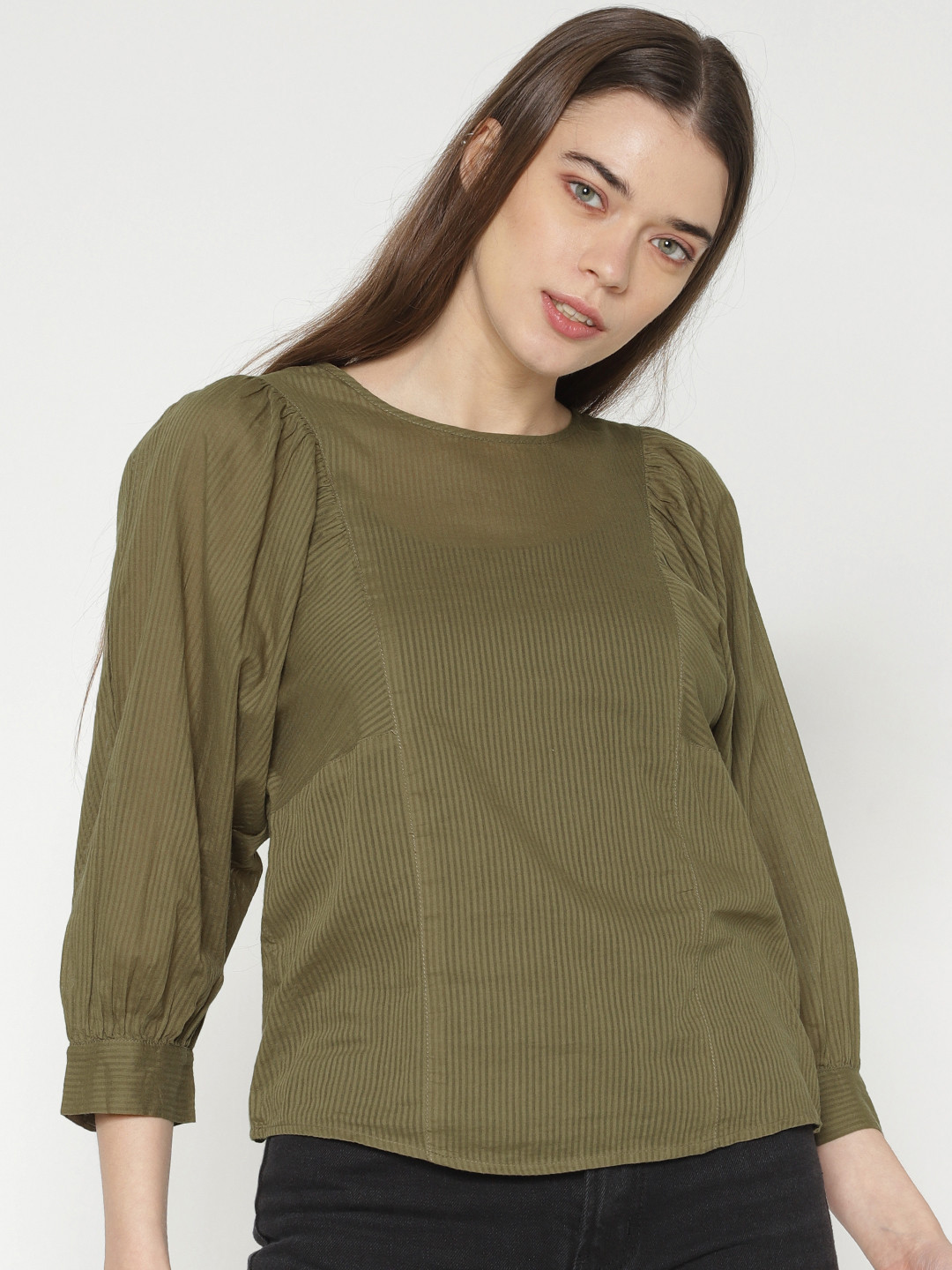 

ONLY Women Olive Green Striped Pure Cotton Top