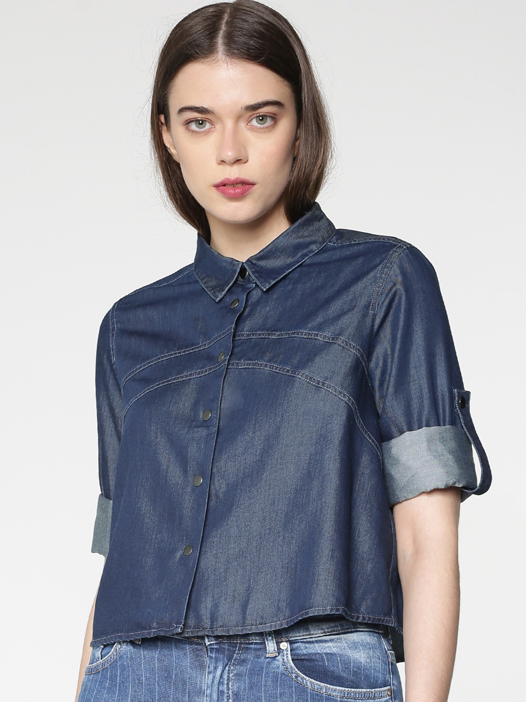 

ONLY Women Blue Regular Fit Solid Casual Chambray Shirt