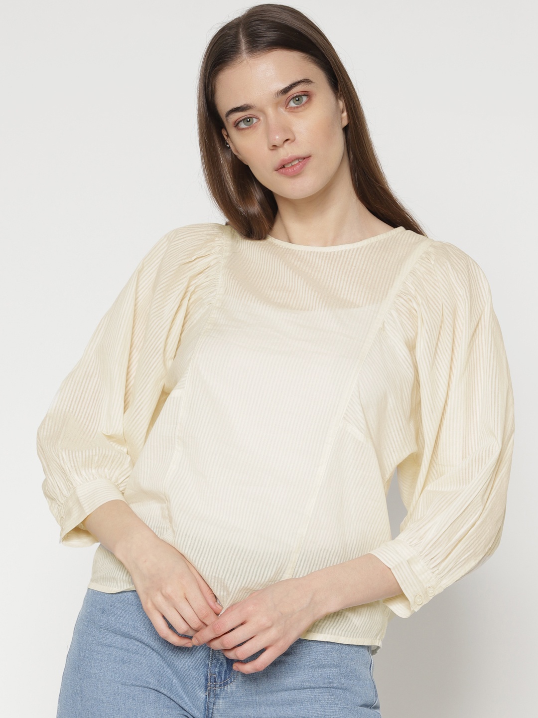 

ONLY Women Cream-Coloured Striped Pure Cotton Top