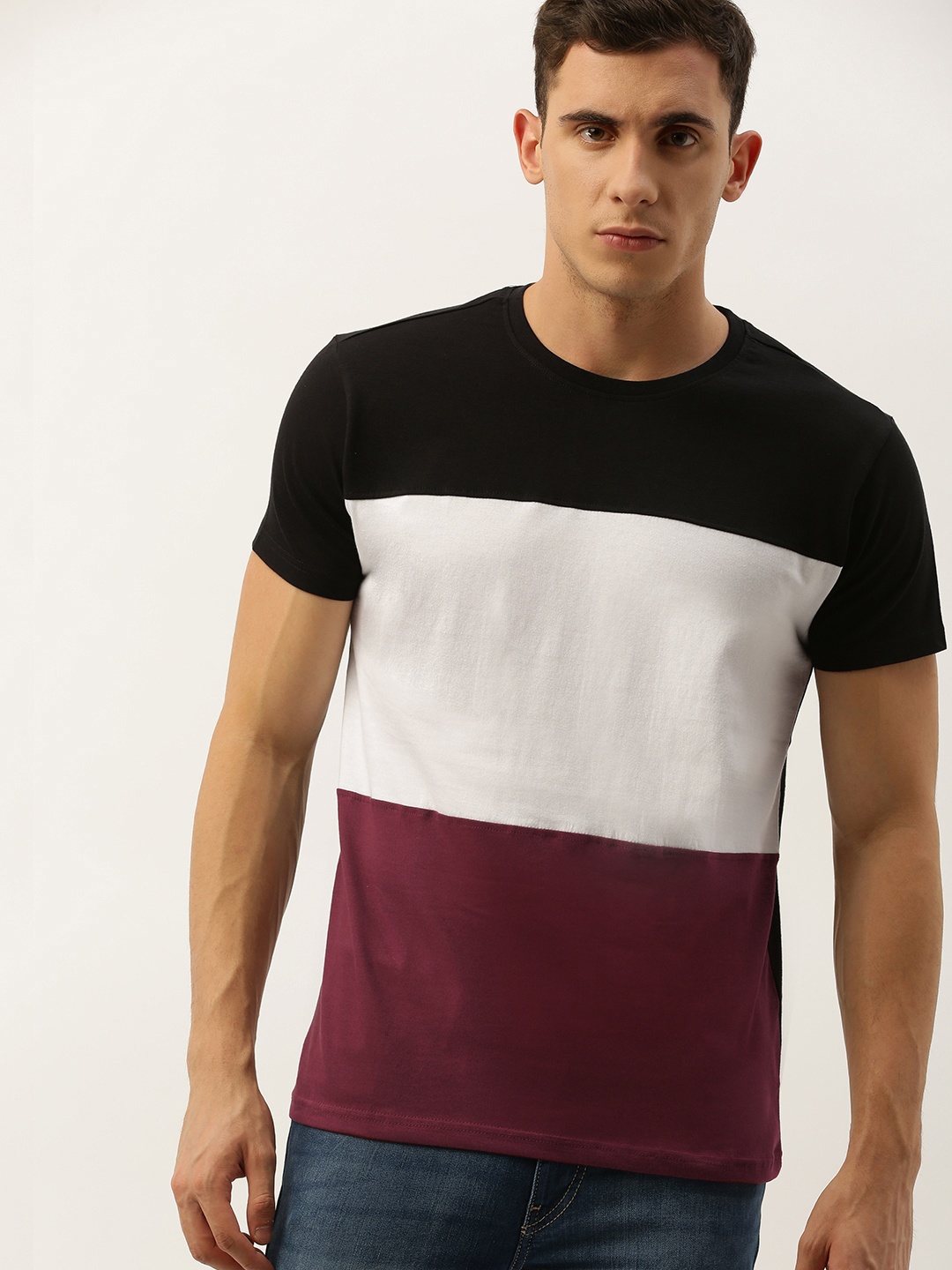 

DILLINGER Men Black White Colourblocked Round Neck Pure Cotton T-shirt