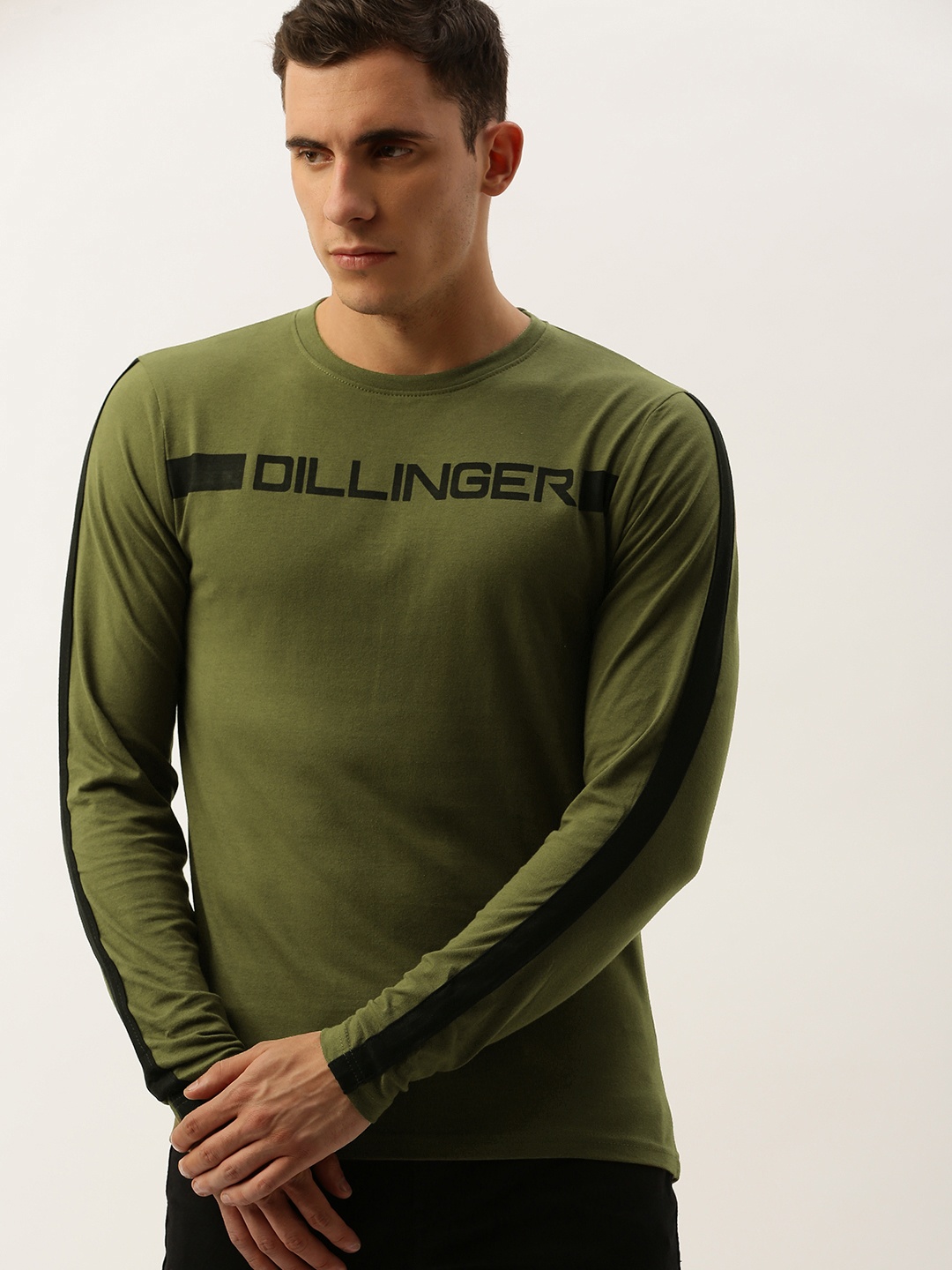 

DILLINGER Men Olive Green Printed Round Neck Pure Cotton T-shirt