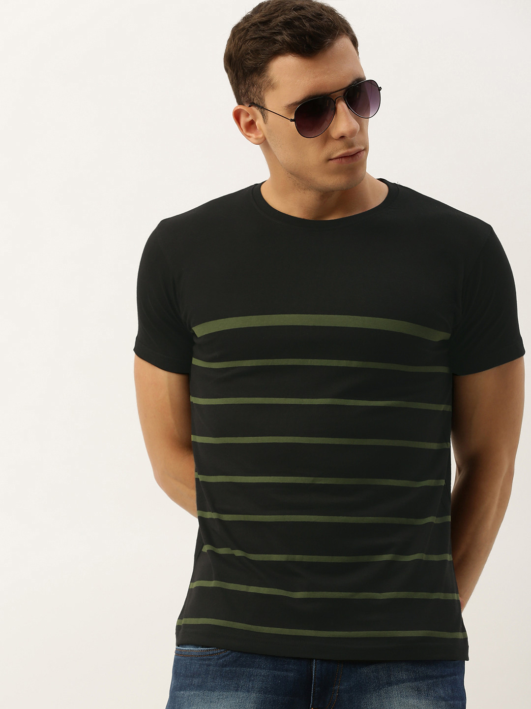 

DILLINGER Men Black Olive Green Striped Round Neck Pure Cotton T-shirt