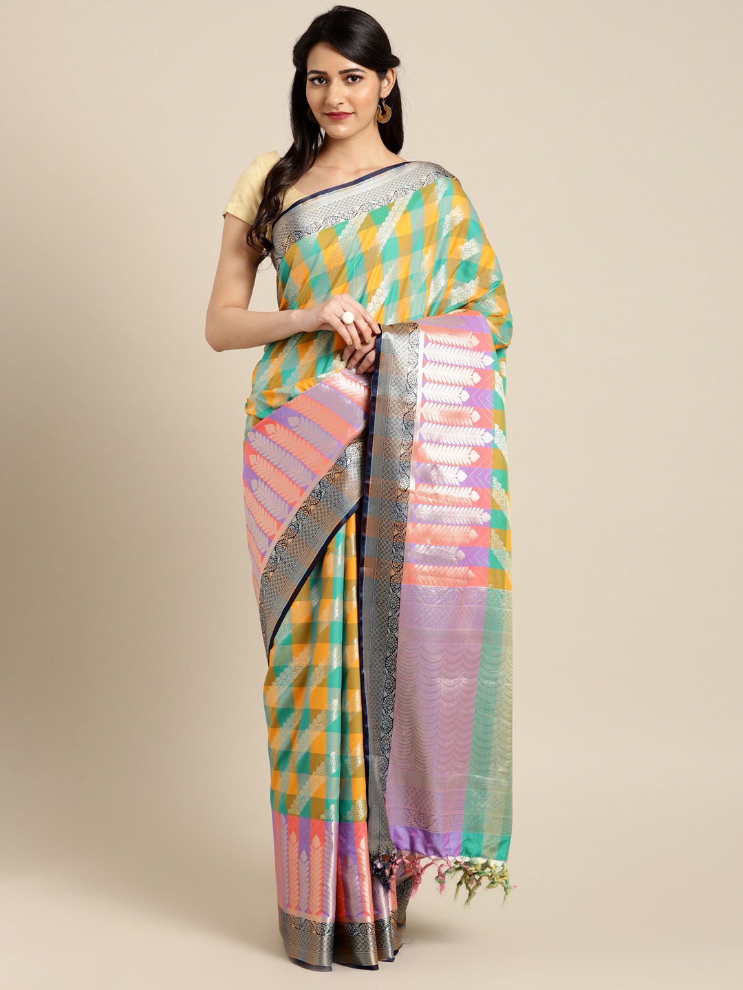 

Varkala Silk Sarees Multicoloured Pure Katan Silk Checked Banarasi Saree, Multi